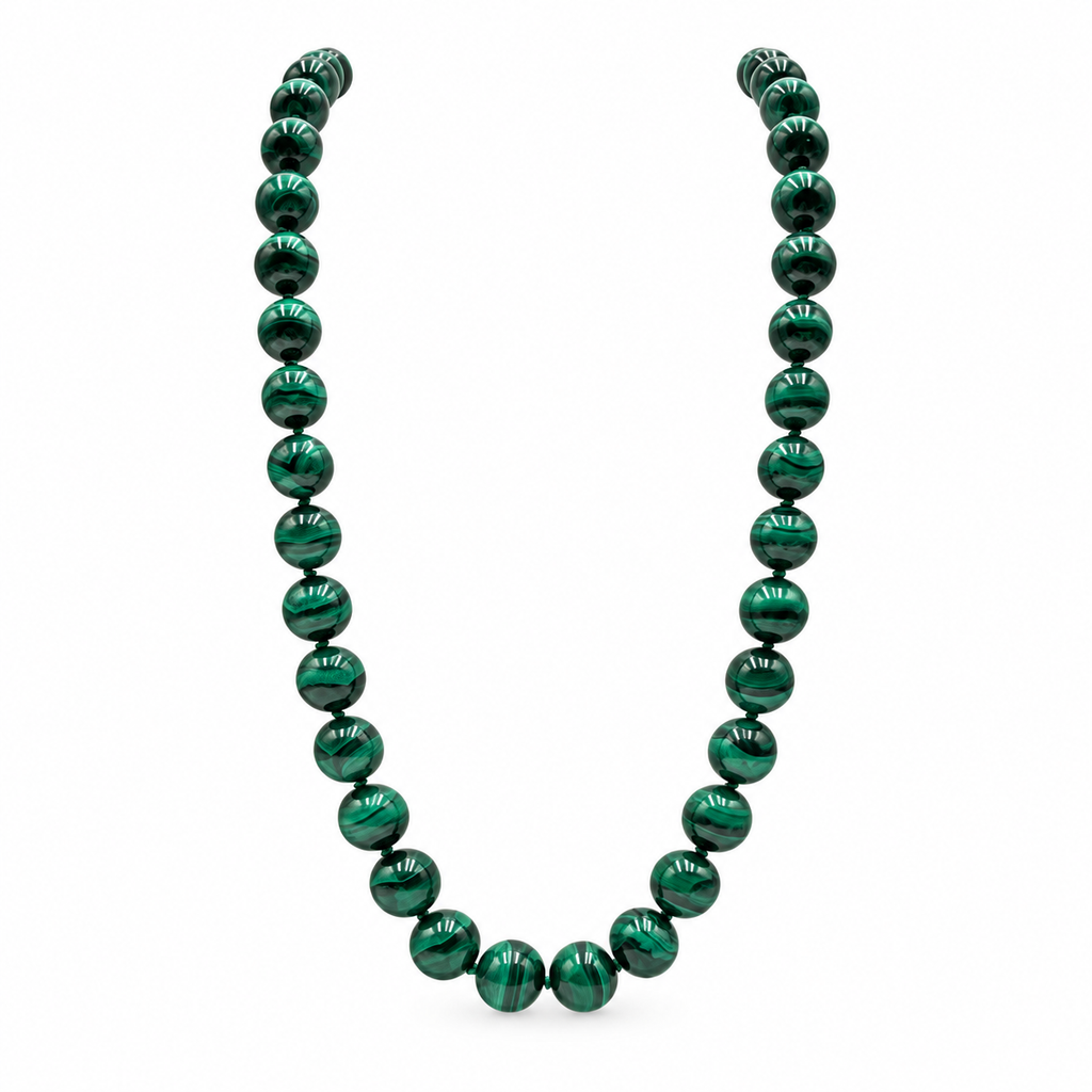 Vintage Natural Malachite Beaded Necklace with 14K Gold-Filled Filigree Clasp