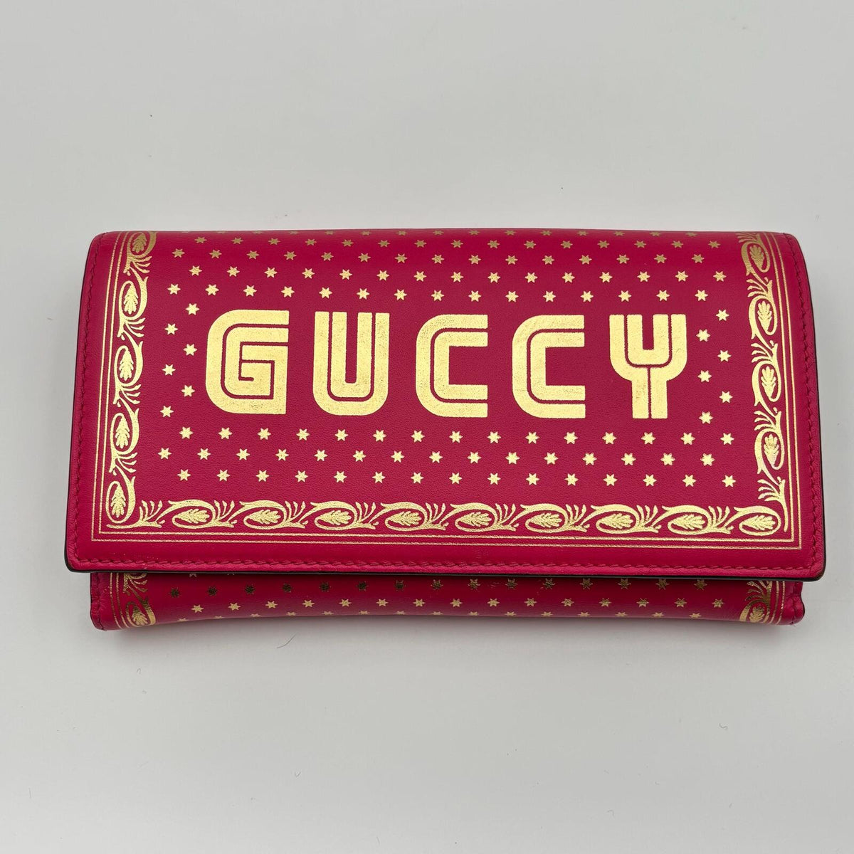 Gucci Pink Gold Print Chain Wallet Crossbody Clutch