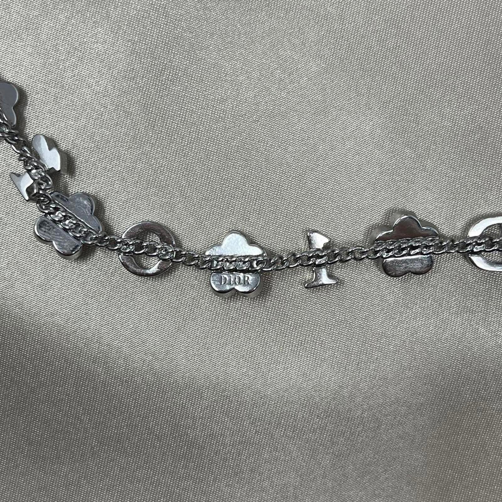 Christian Dior Crystal Floral Logo Charm Silver Chain Necklace