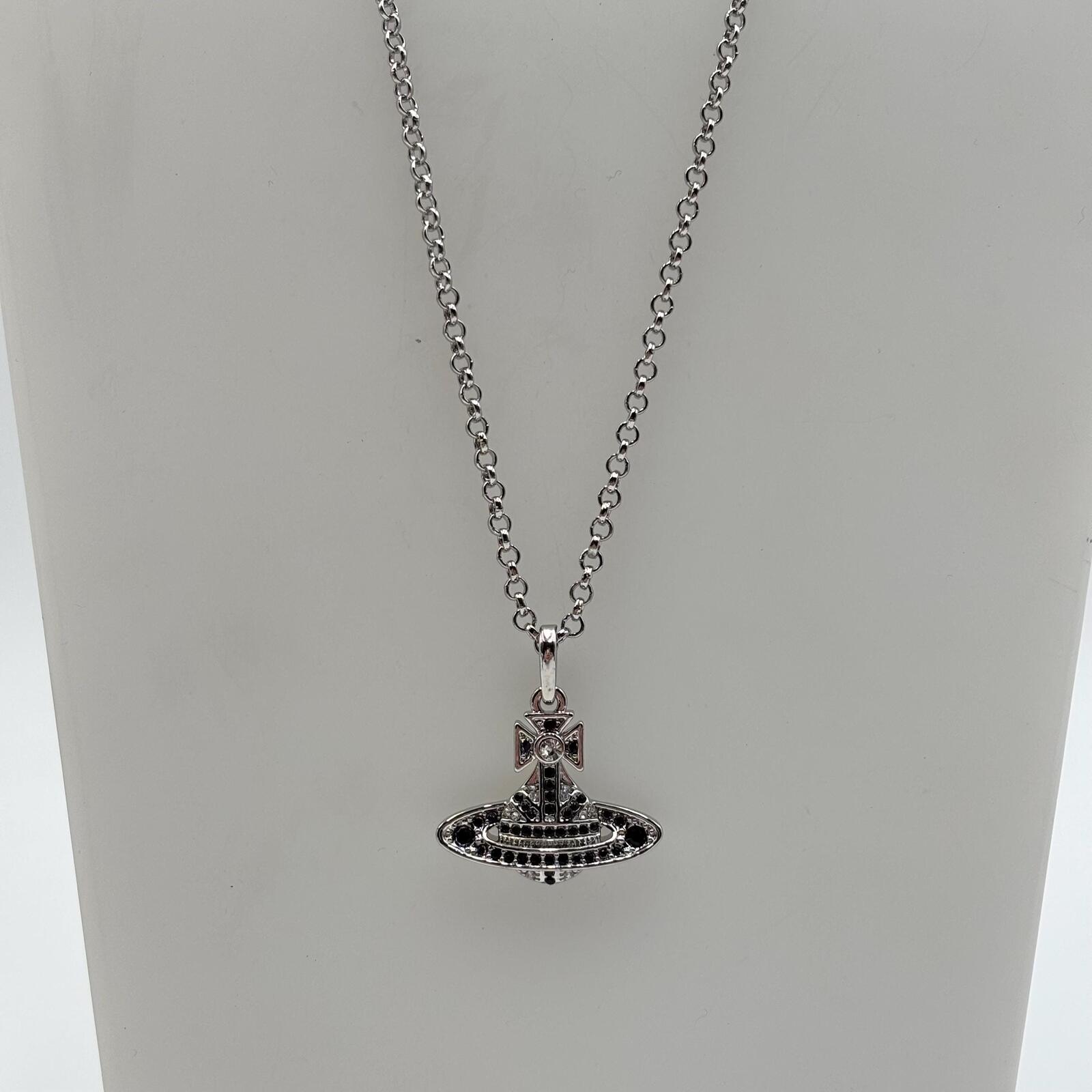 Vivienne Westwood Small Orb Bas Relief Pendant Necklace Black White Crystal