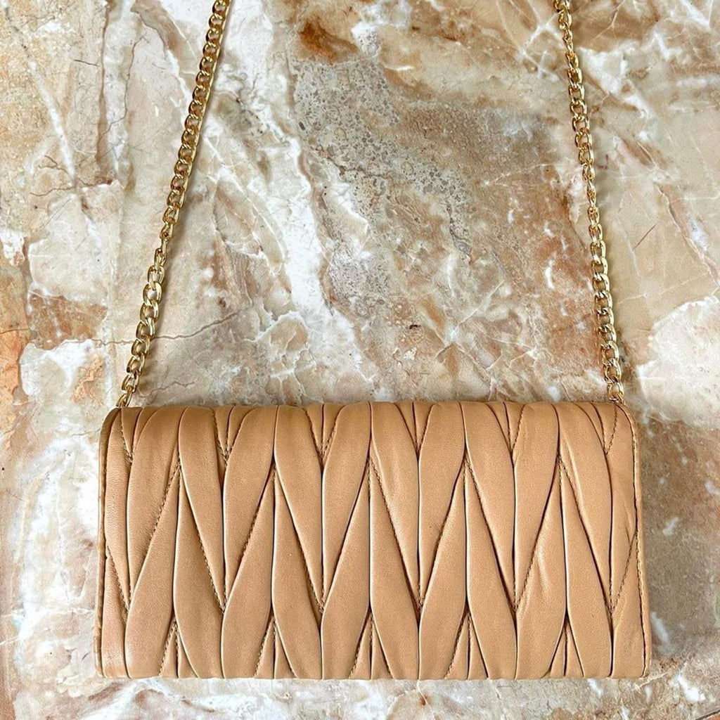MIU MIU Matelasse Leather Bifold Long Wallet on Chain in Tan