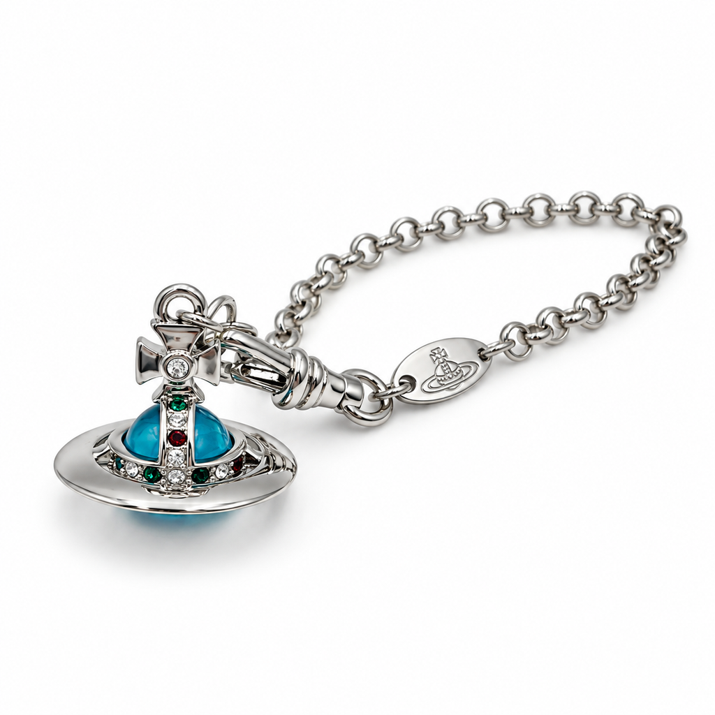 Vivienne Westwood Blue Crystal Orb Chain Bracelet in Silver