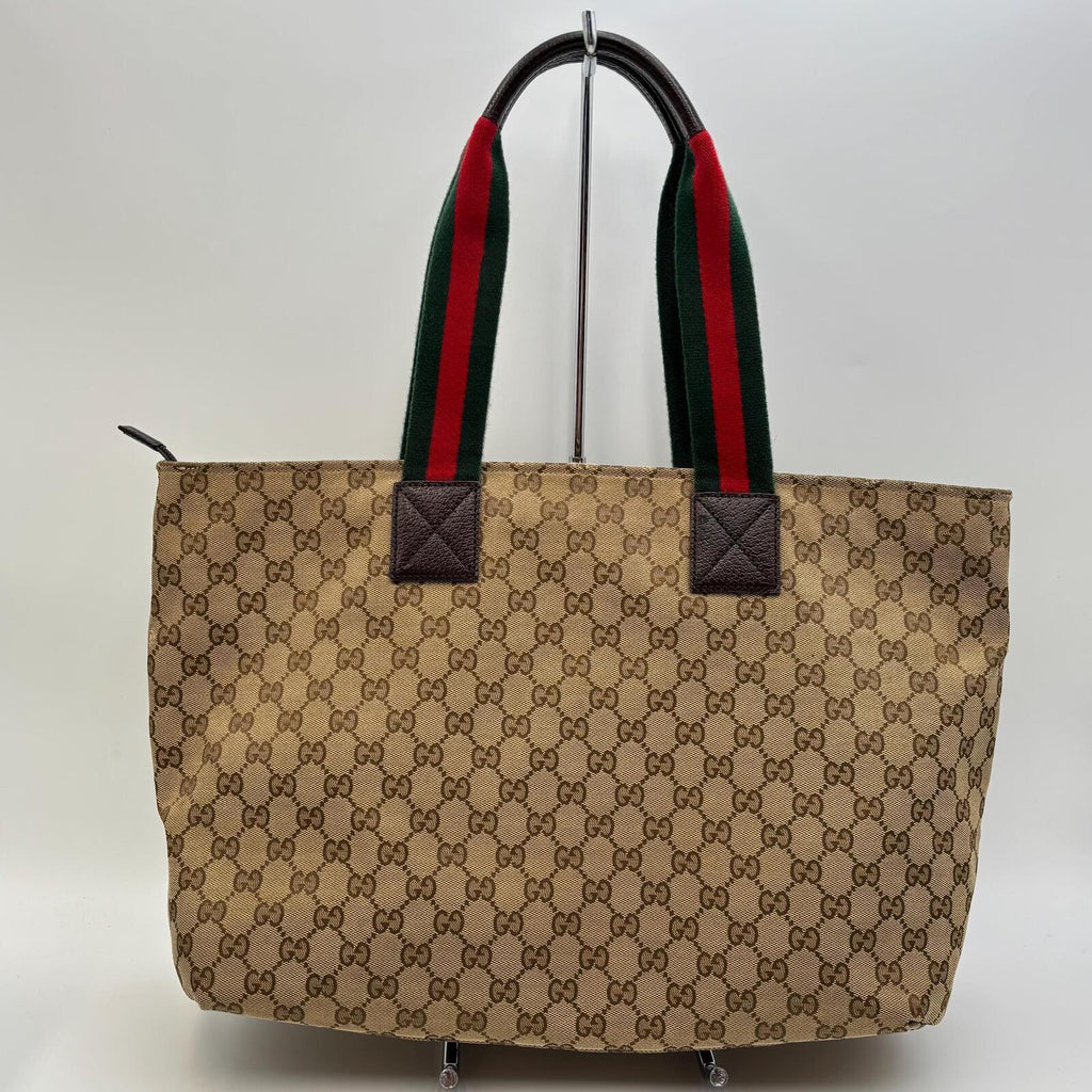 Gucci GG Canvas Web Tote Bag Brown Beige