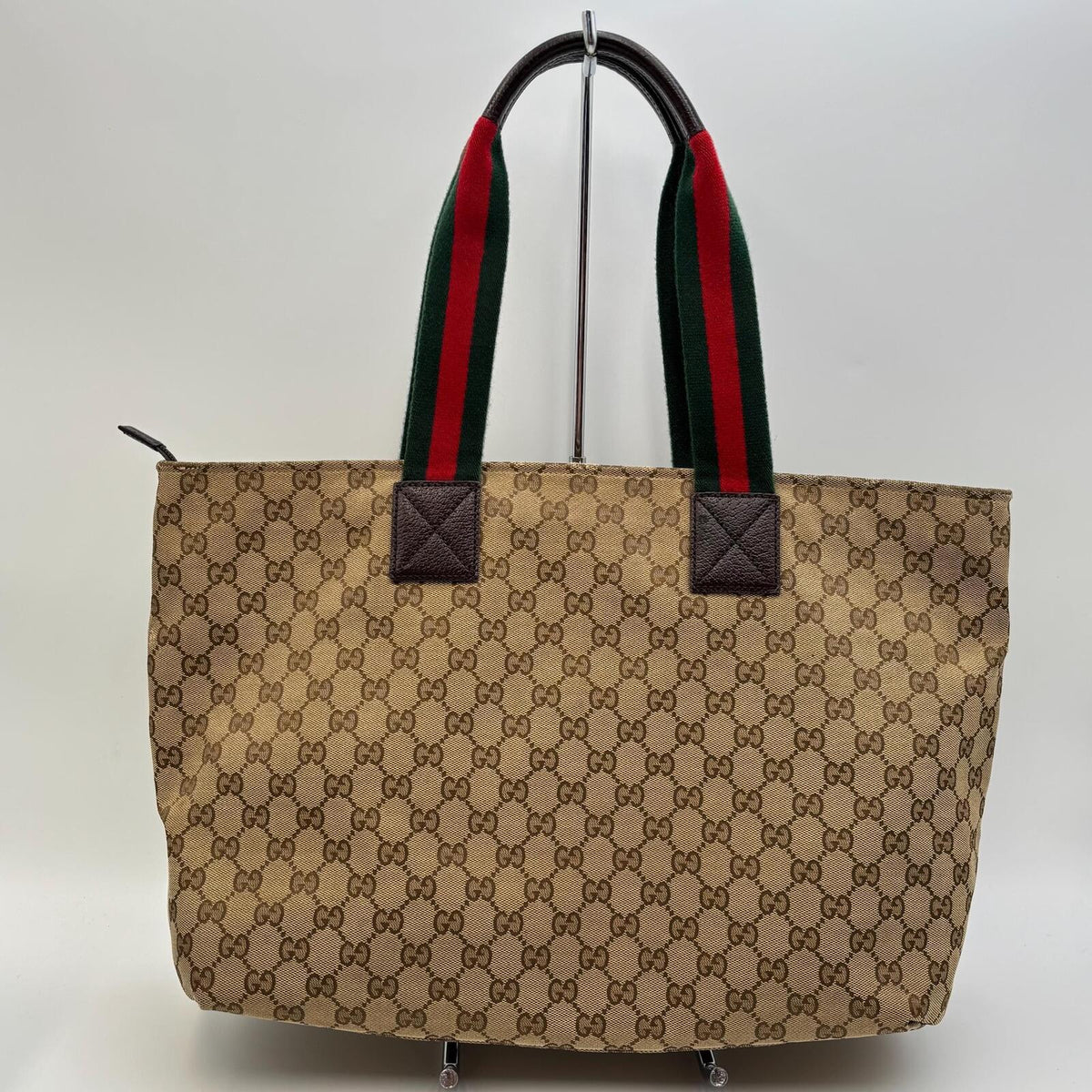 Gucci GG Canvas Web Tote Bag Brown Beige