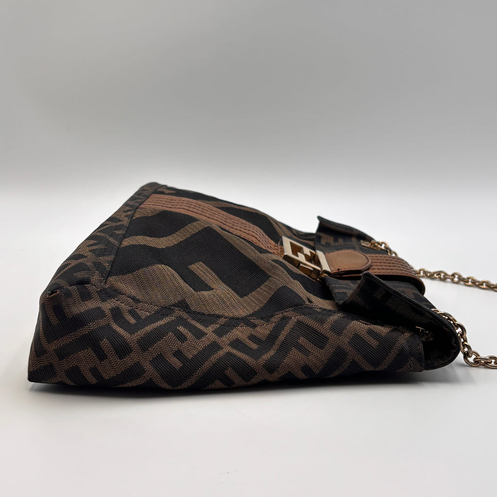 Fendi Zucca FF Canvas Shoulder Bag Brown Gold Hardware