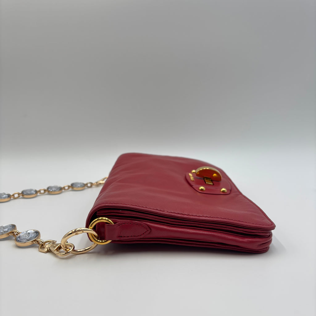 Miu Miu Vitello Lux Red Leather Crystal Chain Clutch Shoulder Bag