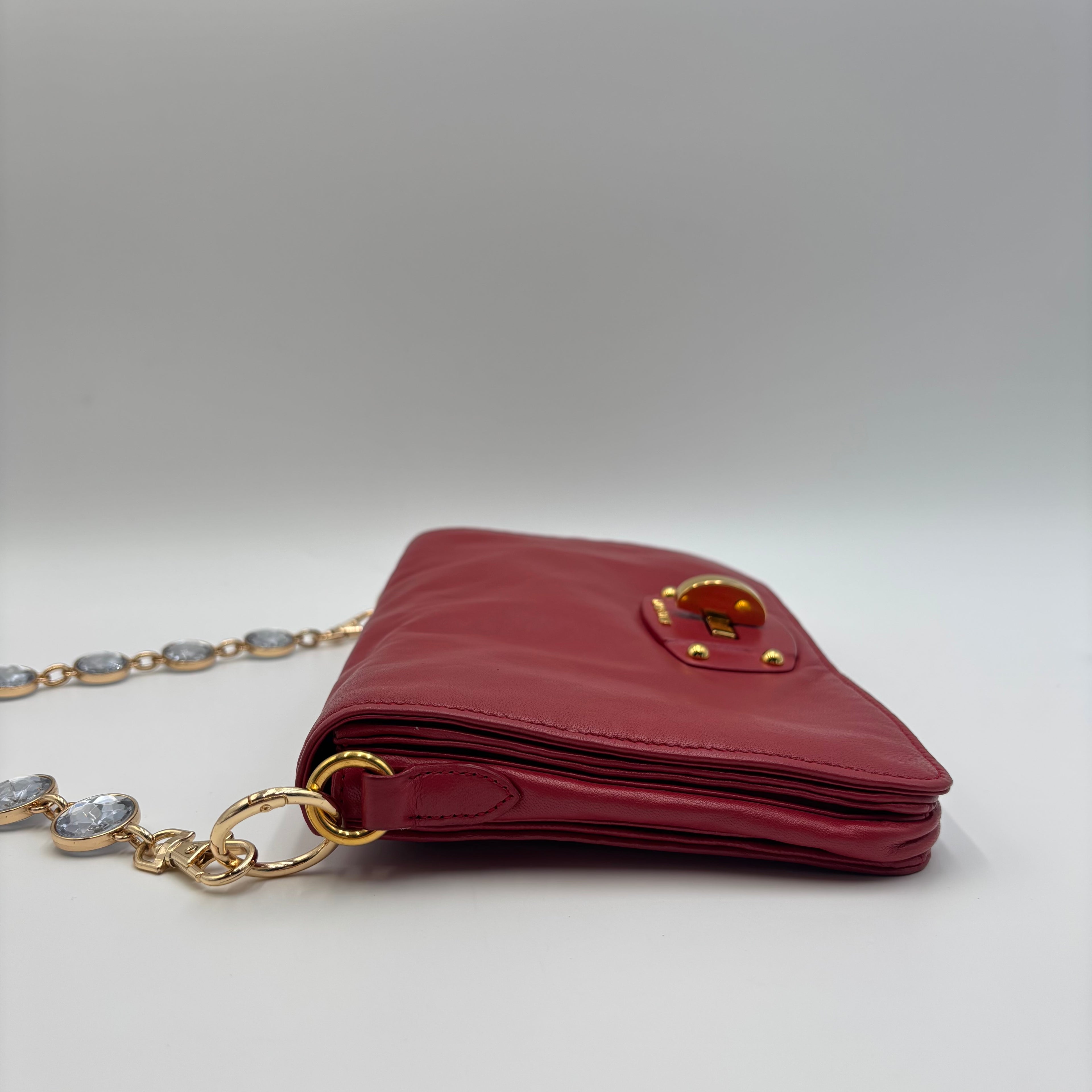 Miu Miu Vitello Lux Red Leather Crystal Chain Clutch Shoulder Bag