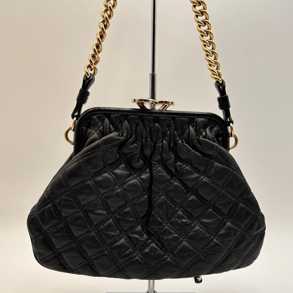 Marc Jacobs 2008 Stam Quilted Leather Frame Bag Black Gold Chain Strap