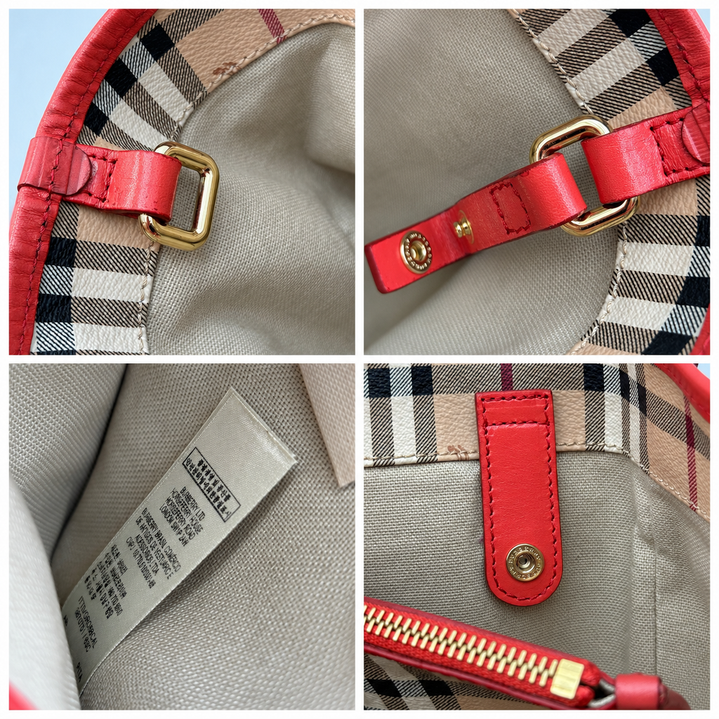 Burberry Haymarket Check Large Shopper Tote with Red Leather Trim