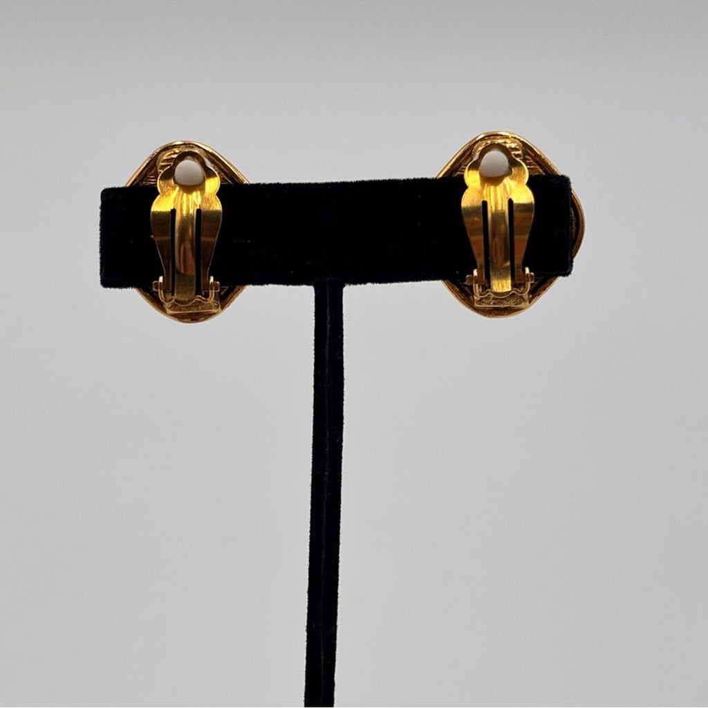 Auth Chanel Gold Plated CC Logo Round Rue Cambon Vintage Clip Earrings