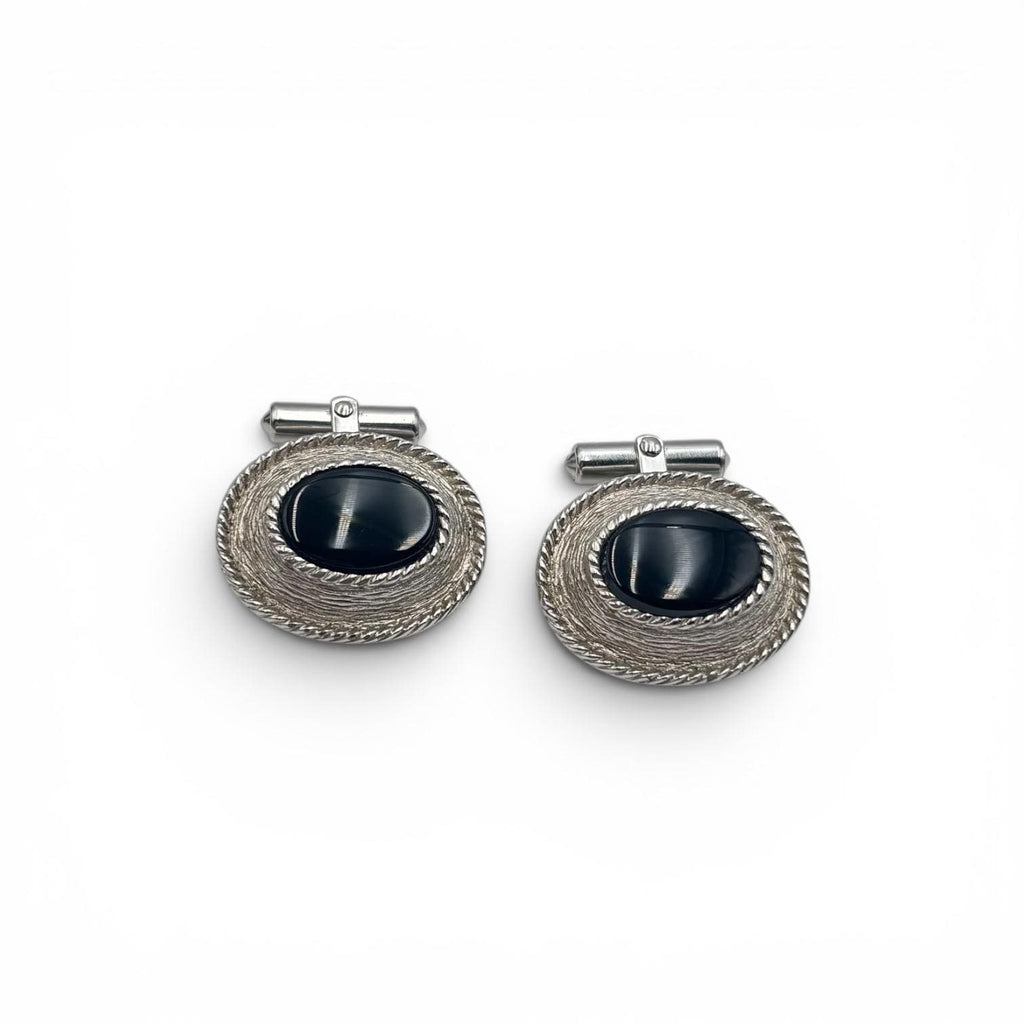 Christian Dior Silver Tone Oval Cufflinks with Black Cabochon