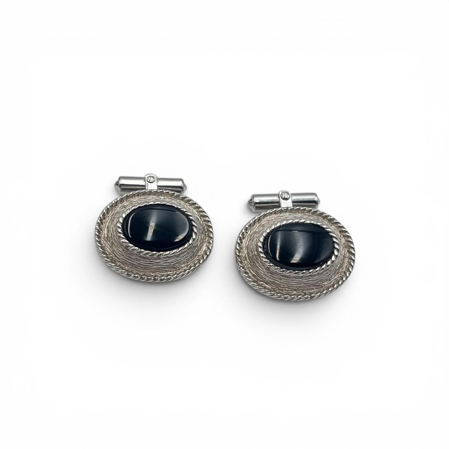 Christian Dior Silver Tone Oval Cufflinks with Black Cabochon