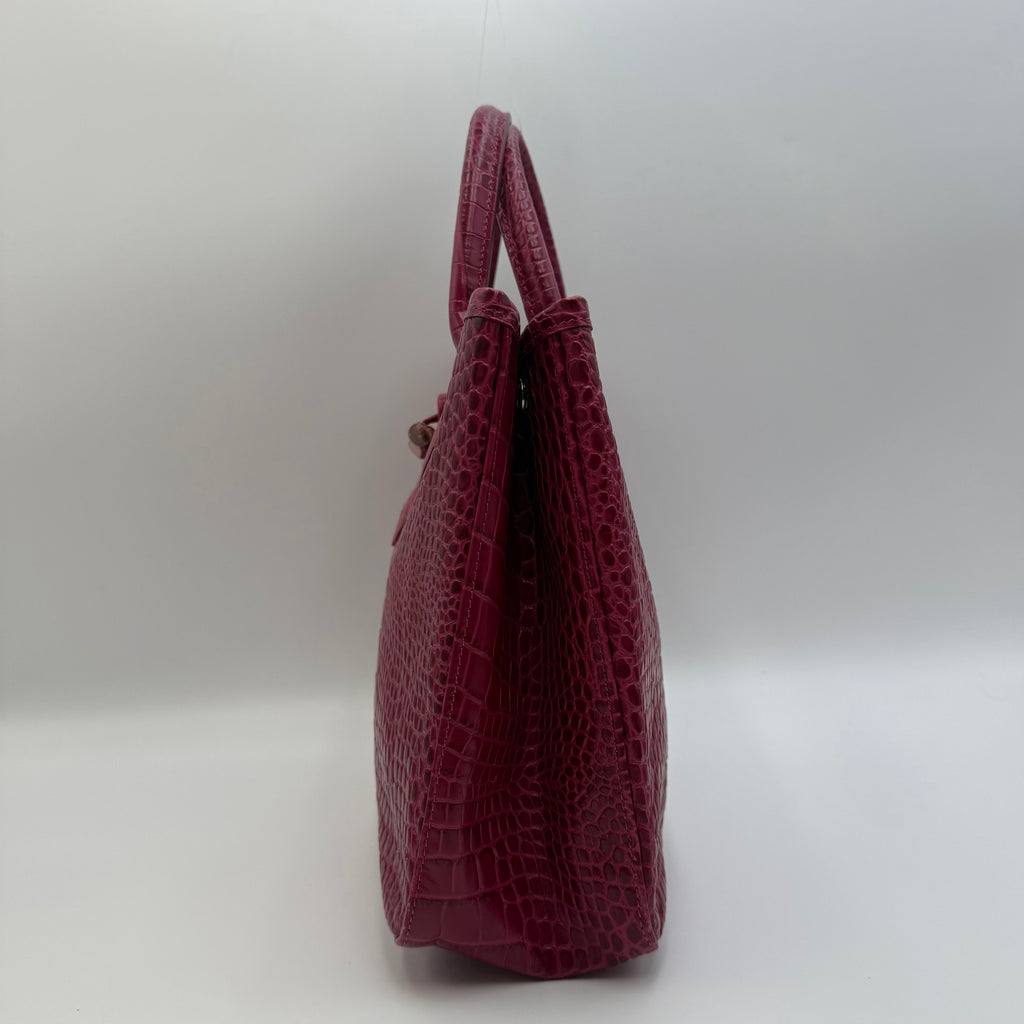 Longchamp Roseau Crocodile-Embossed Leather Tote by Philippe Cassegrain, Fuchsia, c. 2000s