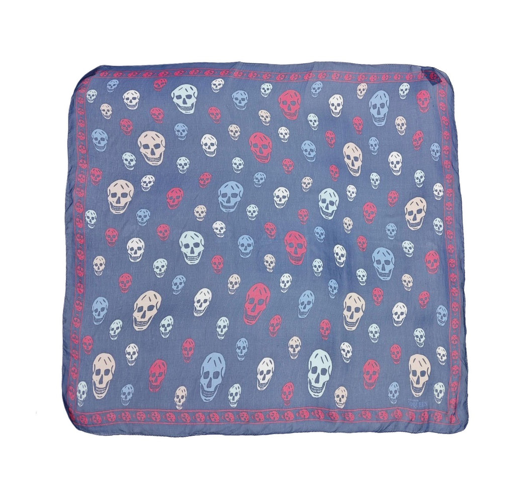 Alexander McQueen Skull Print Silk Scarf Blue Pink