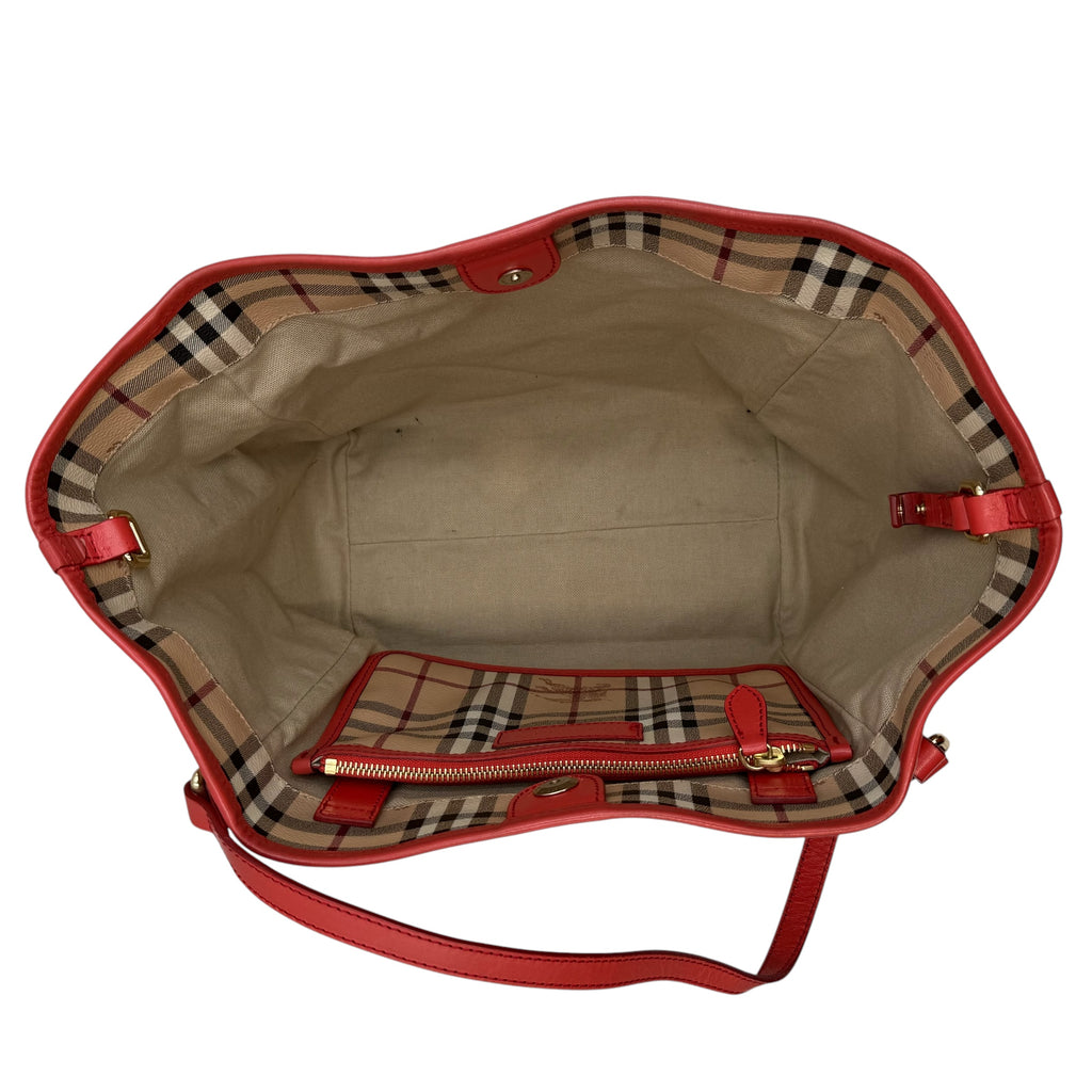 Burberry Haymarket Check Large Shopper Tote with Red Leather Trim