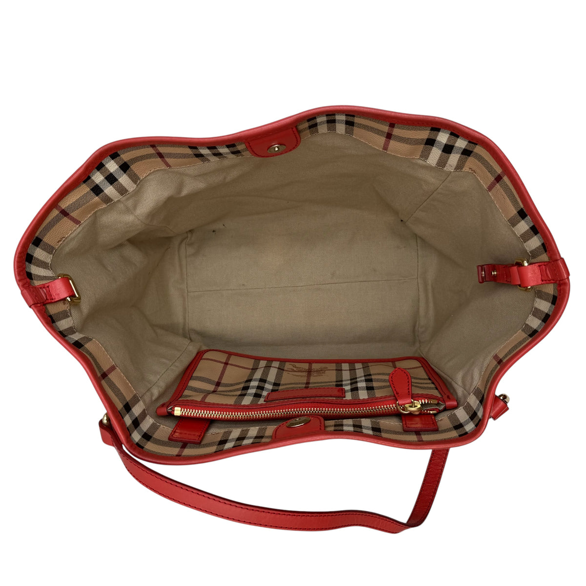 Burberry Haymarket Check Large Shopper Tote with Red Leather Trim