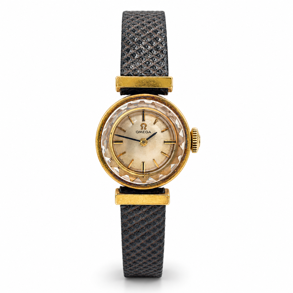 Omega Ladies Saphette 18K Gold Faceted Crystal Watch 1960s