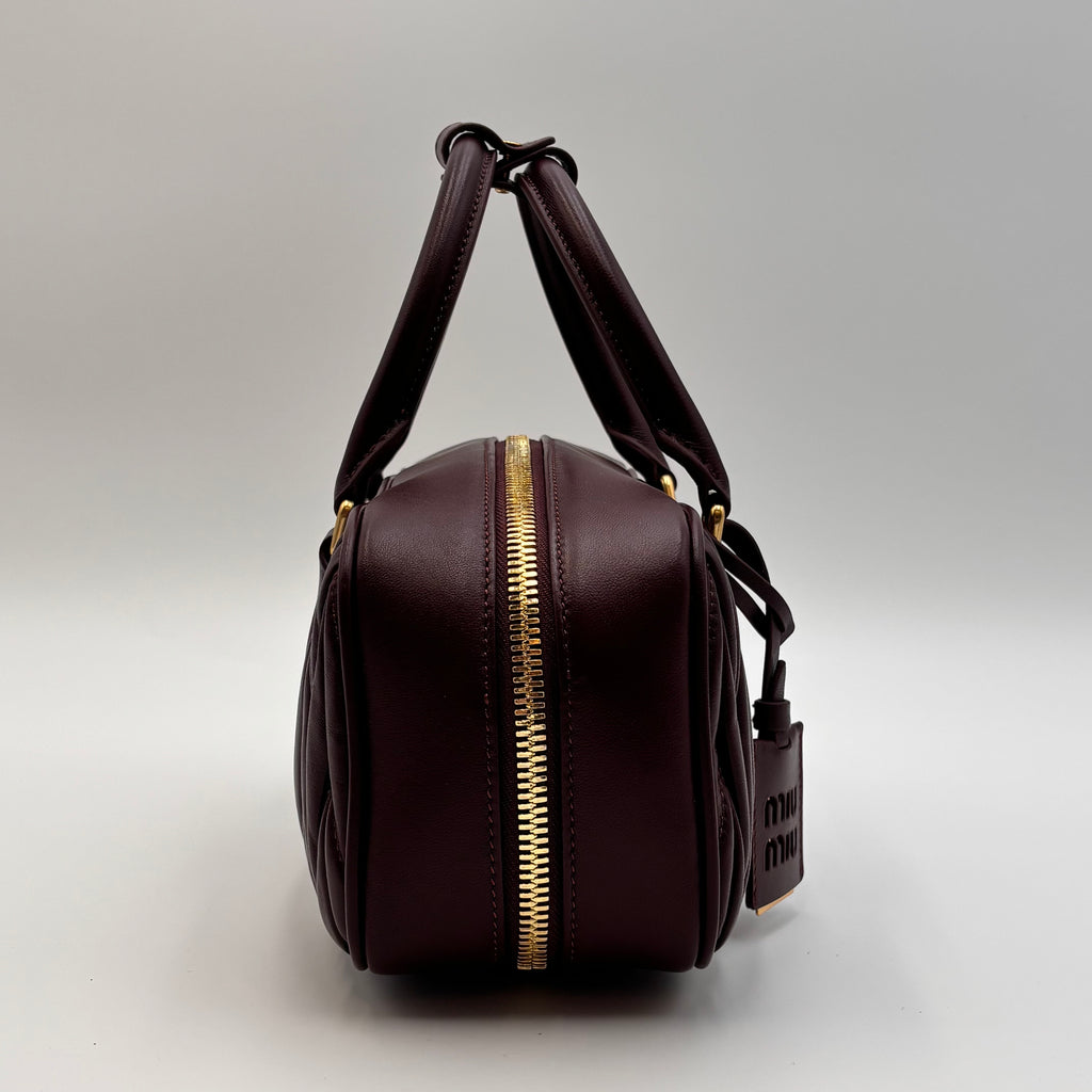 Miu Miu Arcadie Burgundy Matelassé Leather Top Handle Boston Bag With Strap