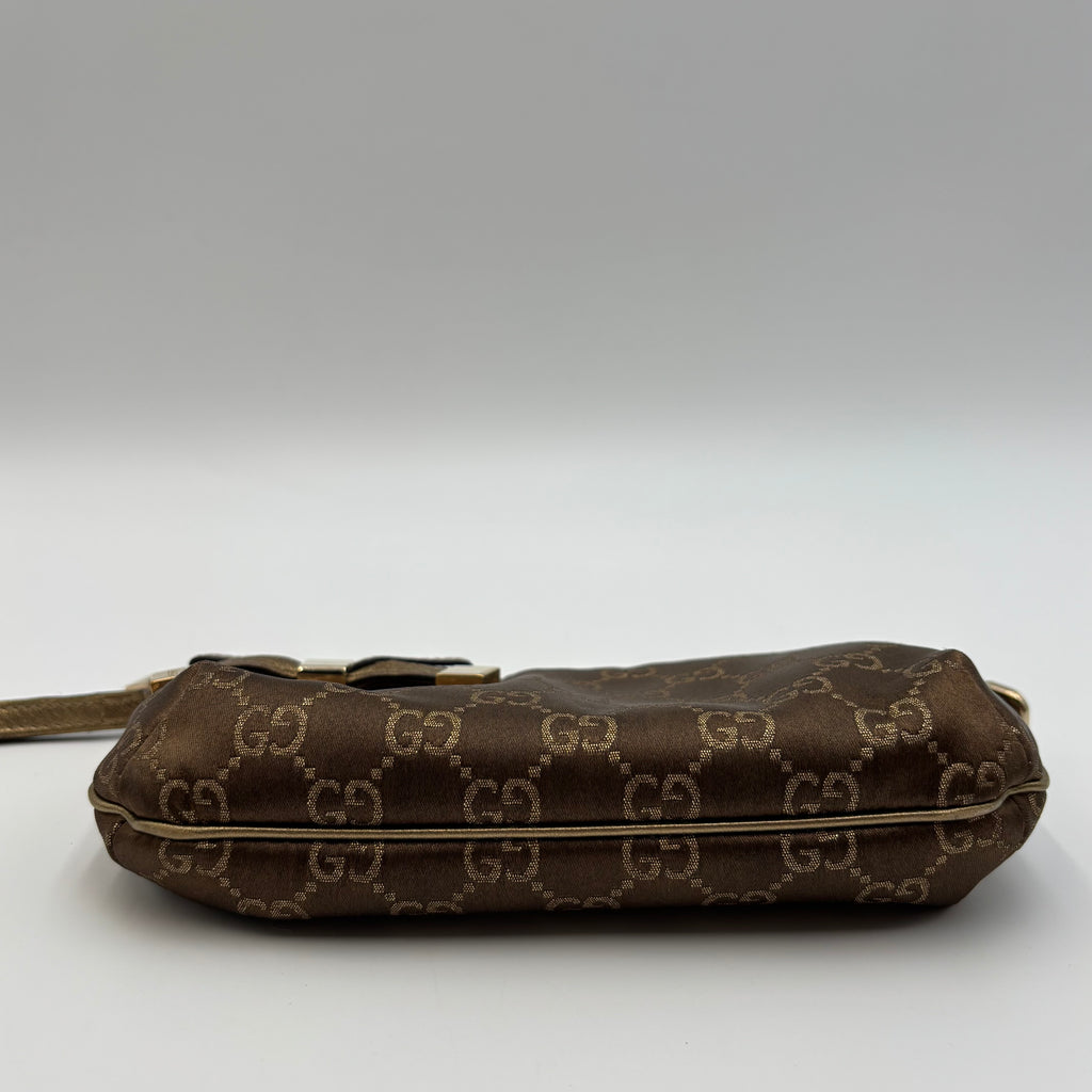 Gucci GG Canvas Bow Wristlet Pouch Metallic Gold Leather