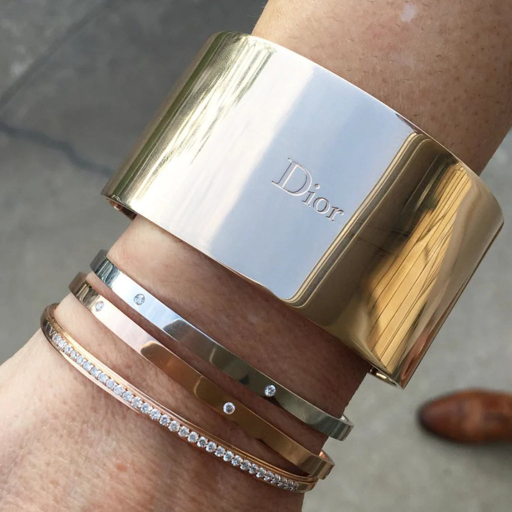 Christian Dior Two-Tone Mirror Finish Wide Logo Cuff Bracelet 2010s
