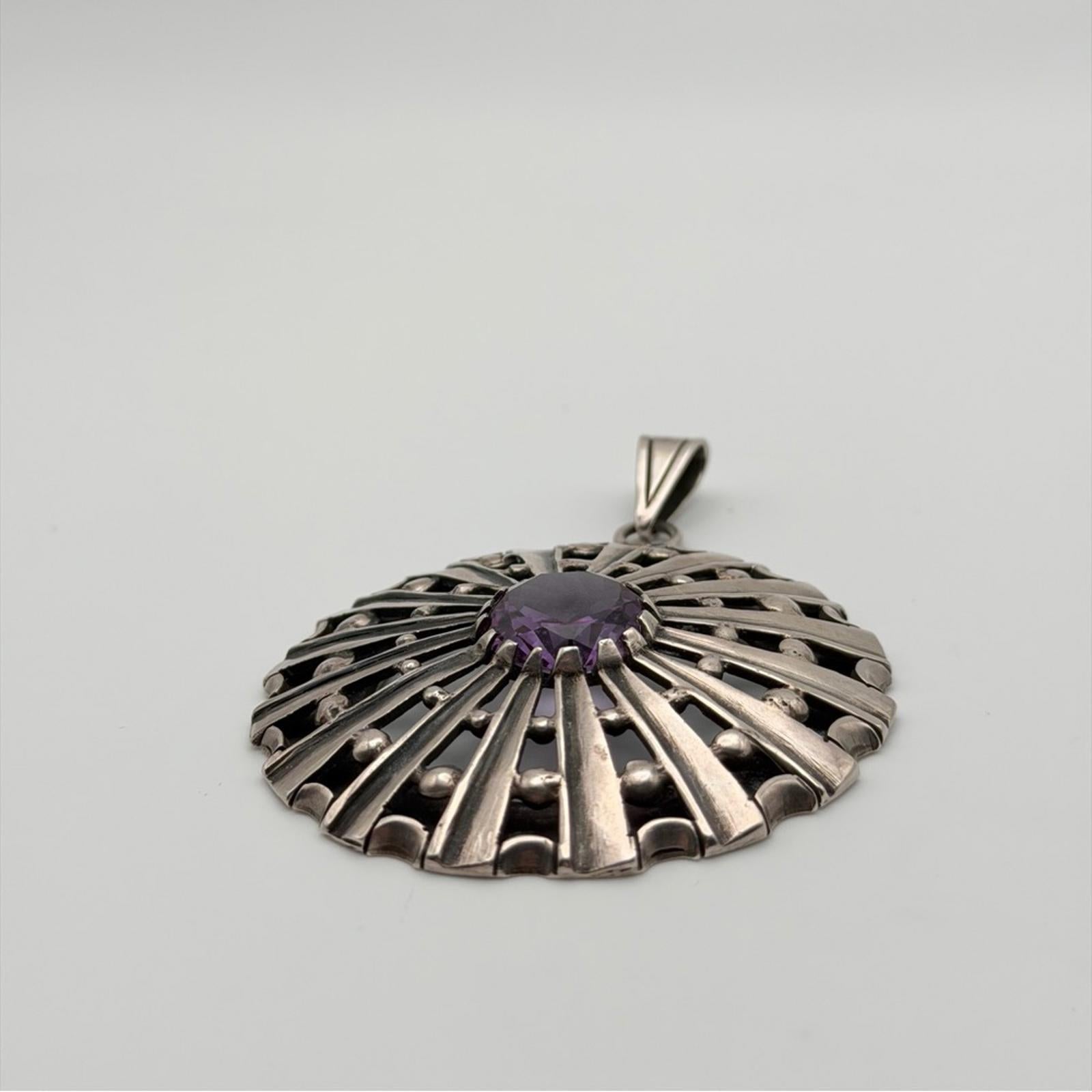 Vintage Sterling Silver Amethyst Sunburst Pendant