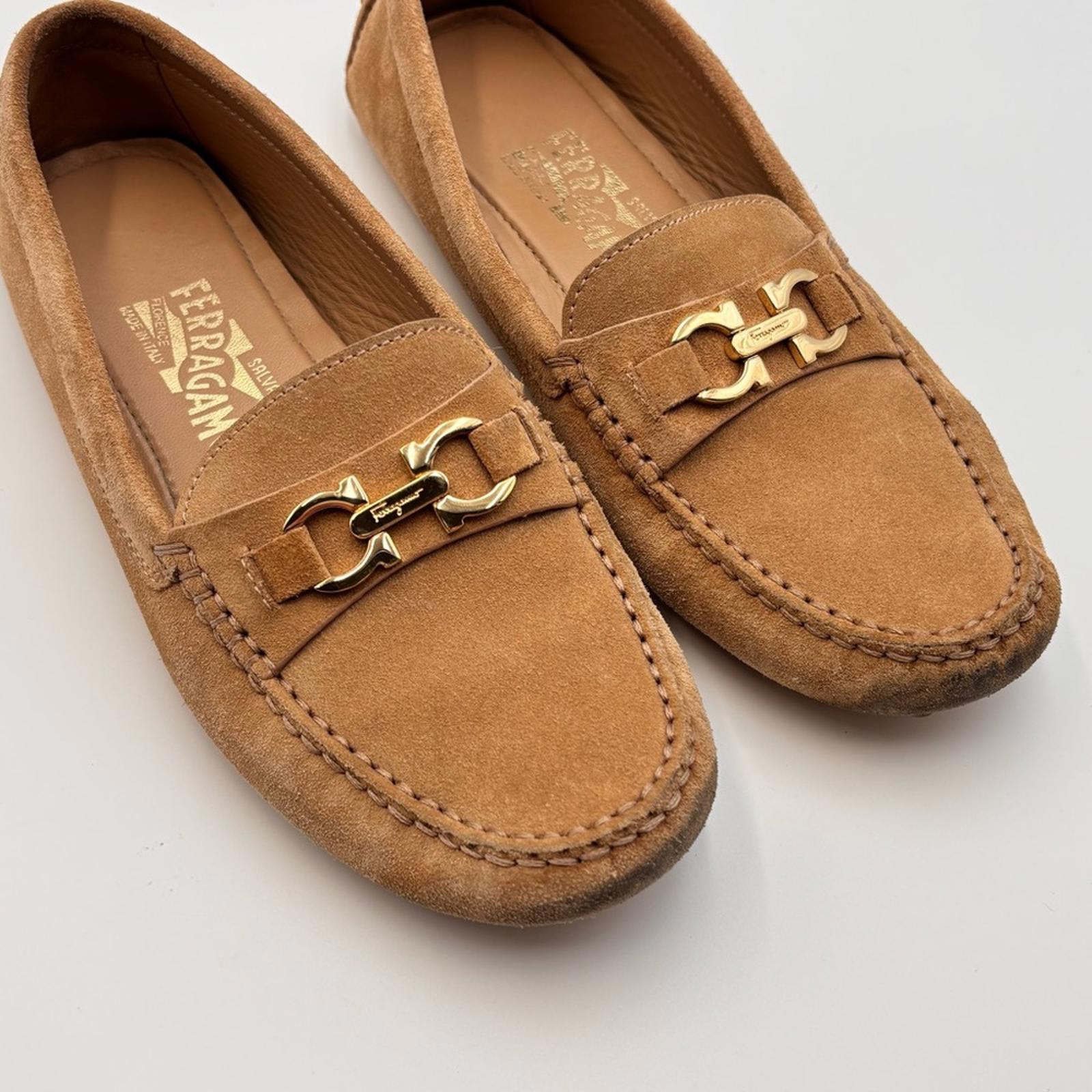 Salvatore Ferragamo Gancini Suede Driving Loafers Tan Gold