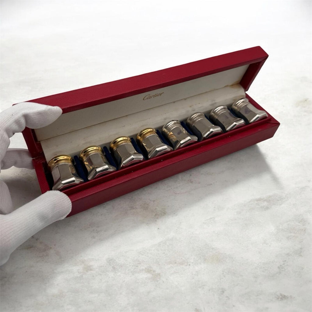 Cartier Sterling Silver Salt & Pepper Shakers Set – Gilt Lids – With Box