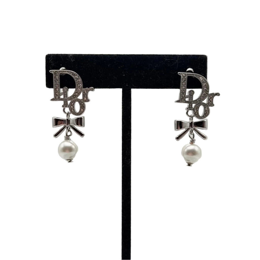 CHRISTIAN DIOR LOGO PEARL BOW DROP EARRINGS SILVER TONE