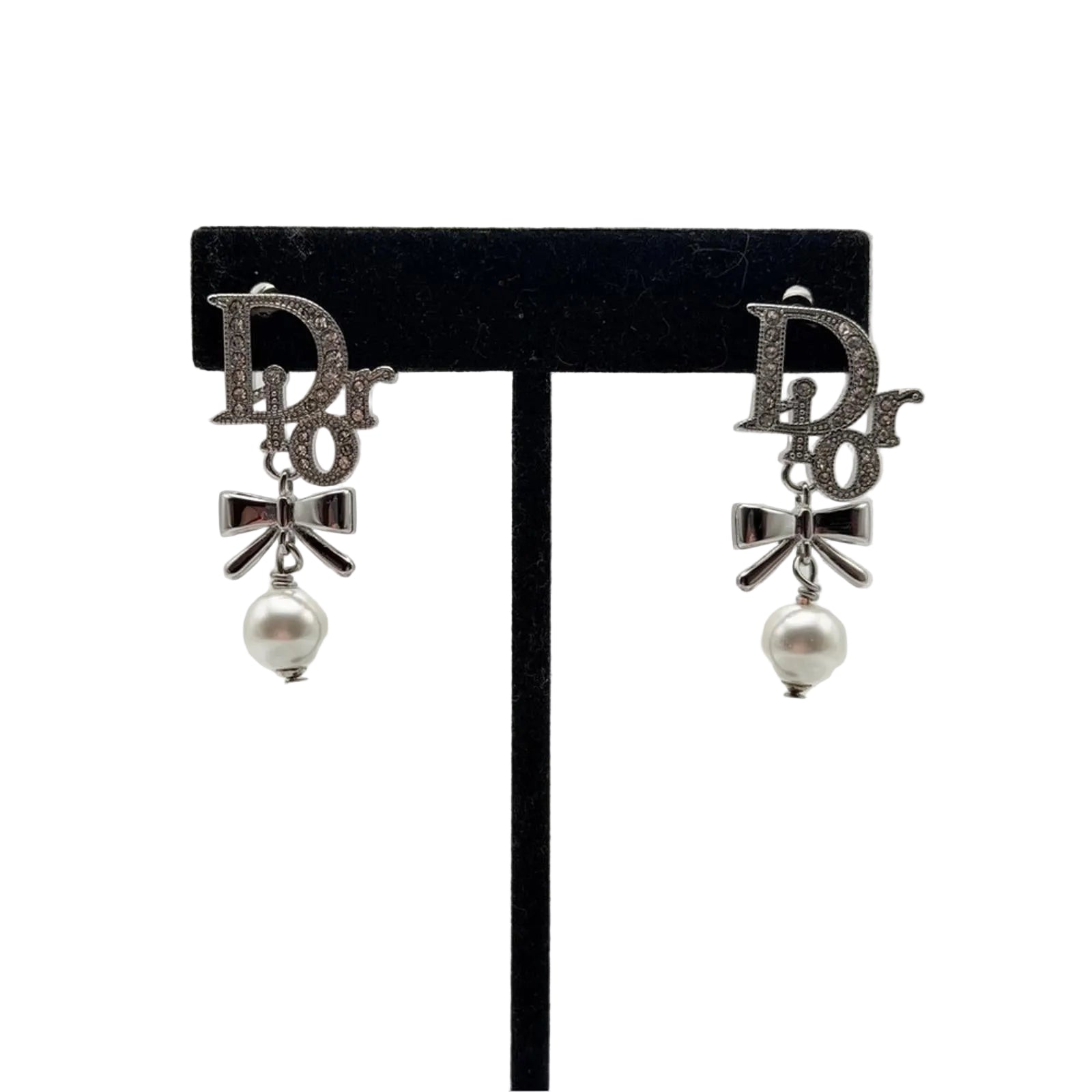 CHRISTIAN DIOR LOGO PEARL BOW DROP EARRINGS SILVER TONE