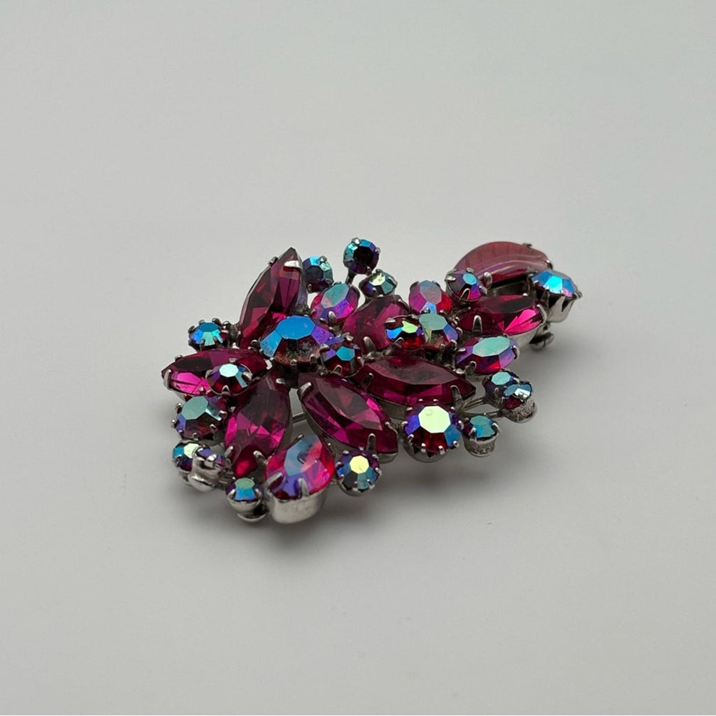 Sherman Pink Aurora Borealis Rhinestone Flower Brooch Pin