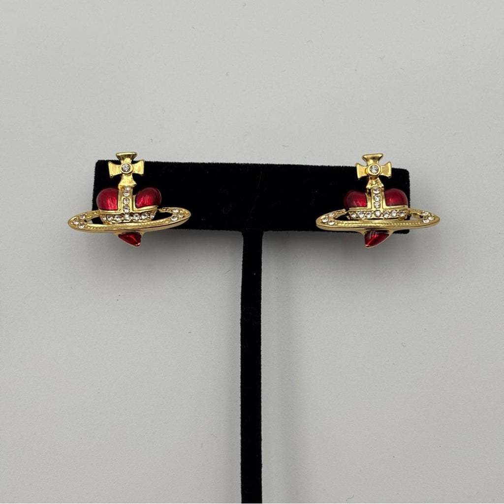 Vivienne Westwood Rare Orb Crown Red Crystal Gold-Tone Stud Earringss