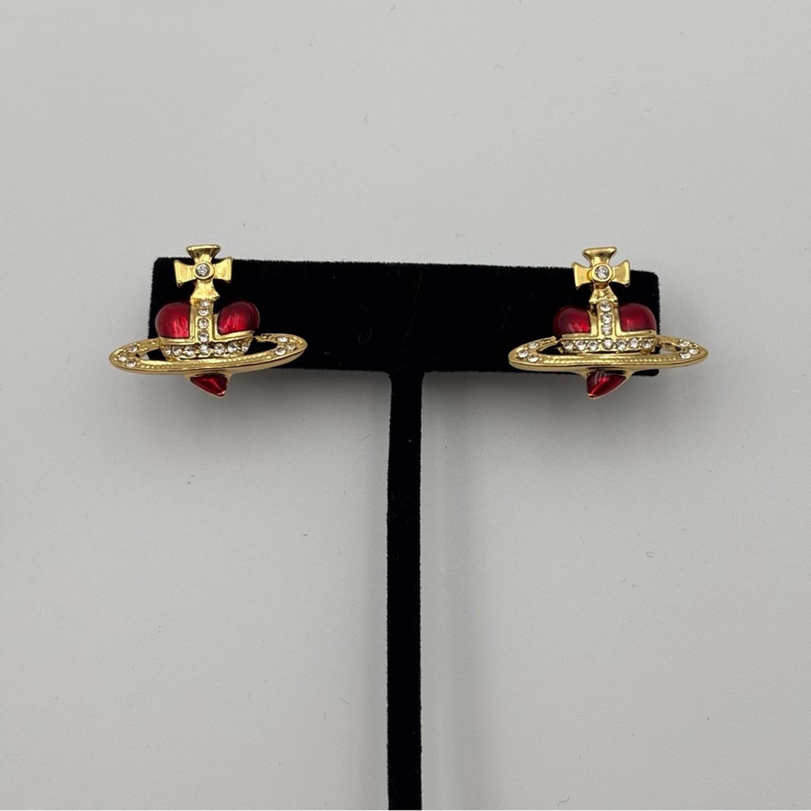 Vivienne Westwood Rare Orb Crown Red Crystal Gold-Tone Stud Earringss