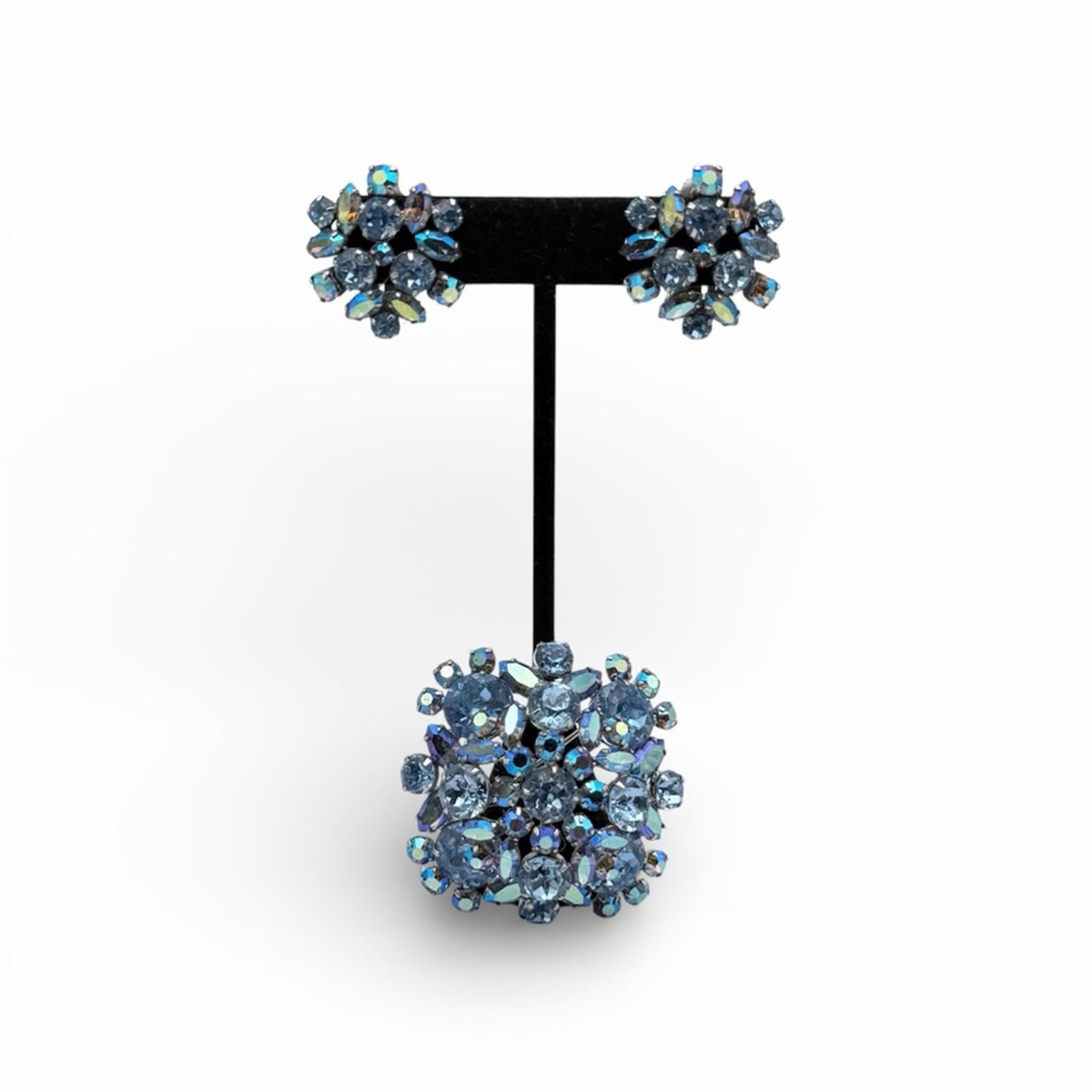 Vintage Sherman Blue Rhinestone Earrings And Brooch Set