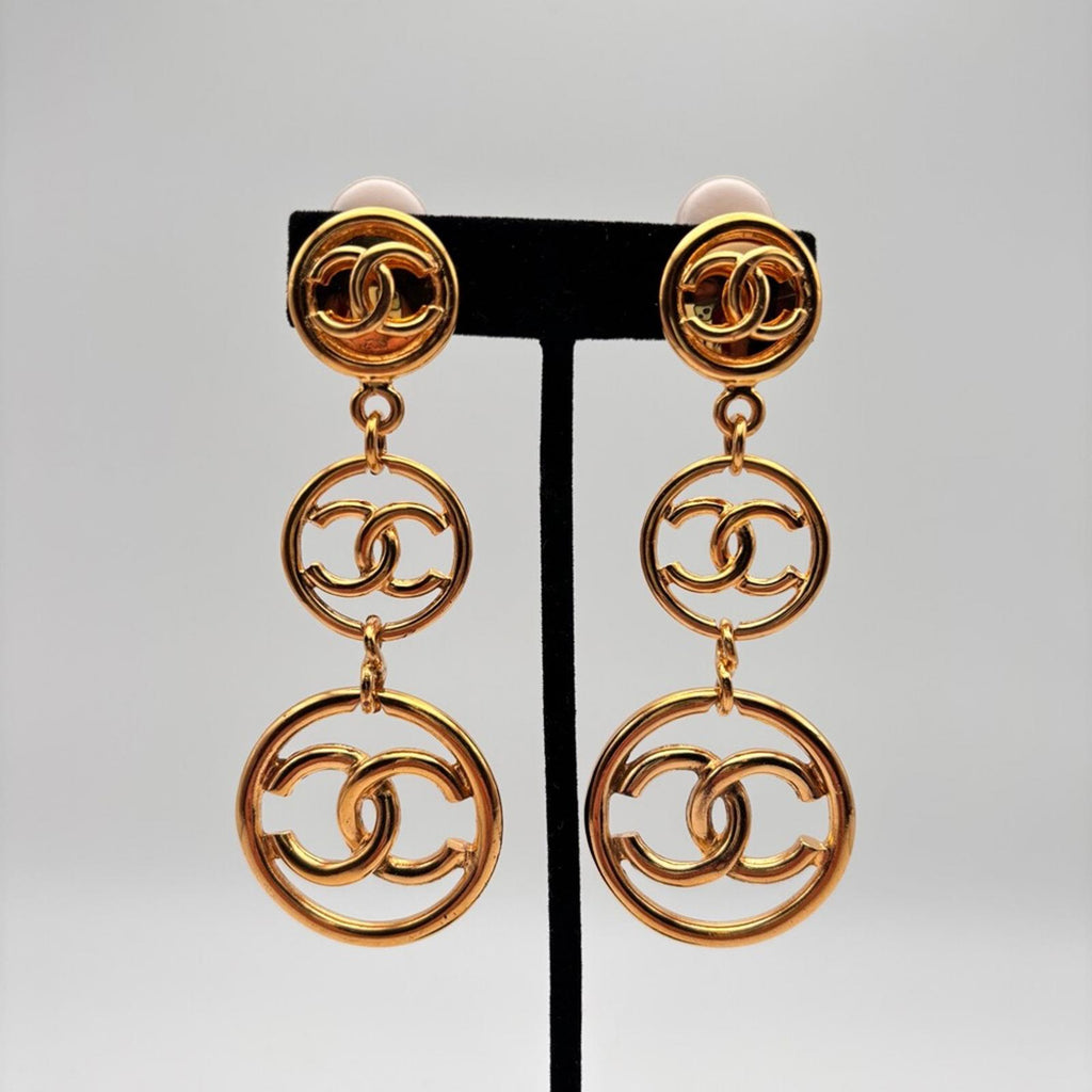 Chanel Three Tier CC Logo Charm Long Dangle Drop Earrings