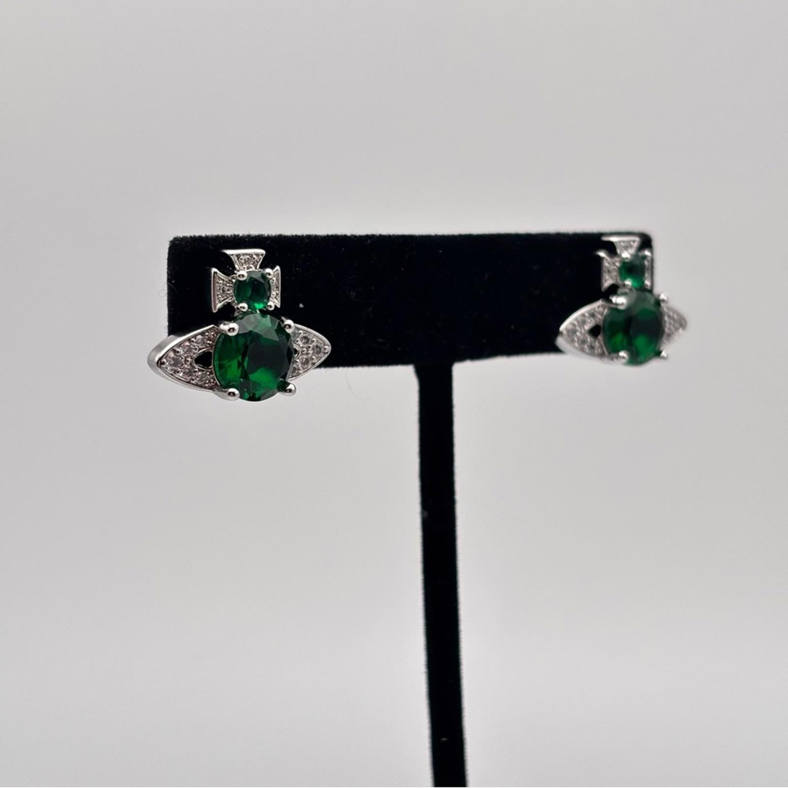 Vivienne Westwood Ismere Emerald Orb Crystal Stud Earrings Silver Tone