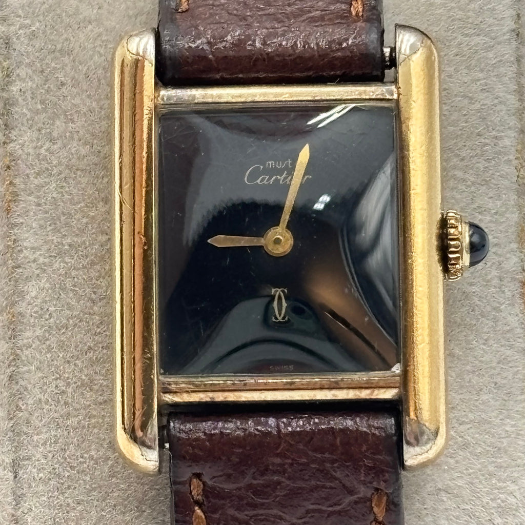 Must de Cartier Tank Vermeil Black Dial Watch 21mm