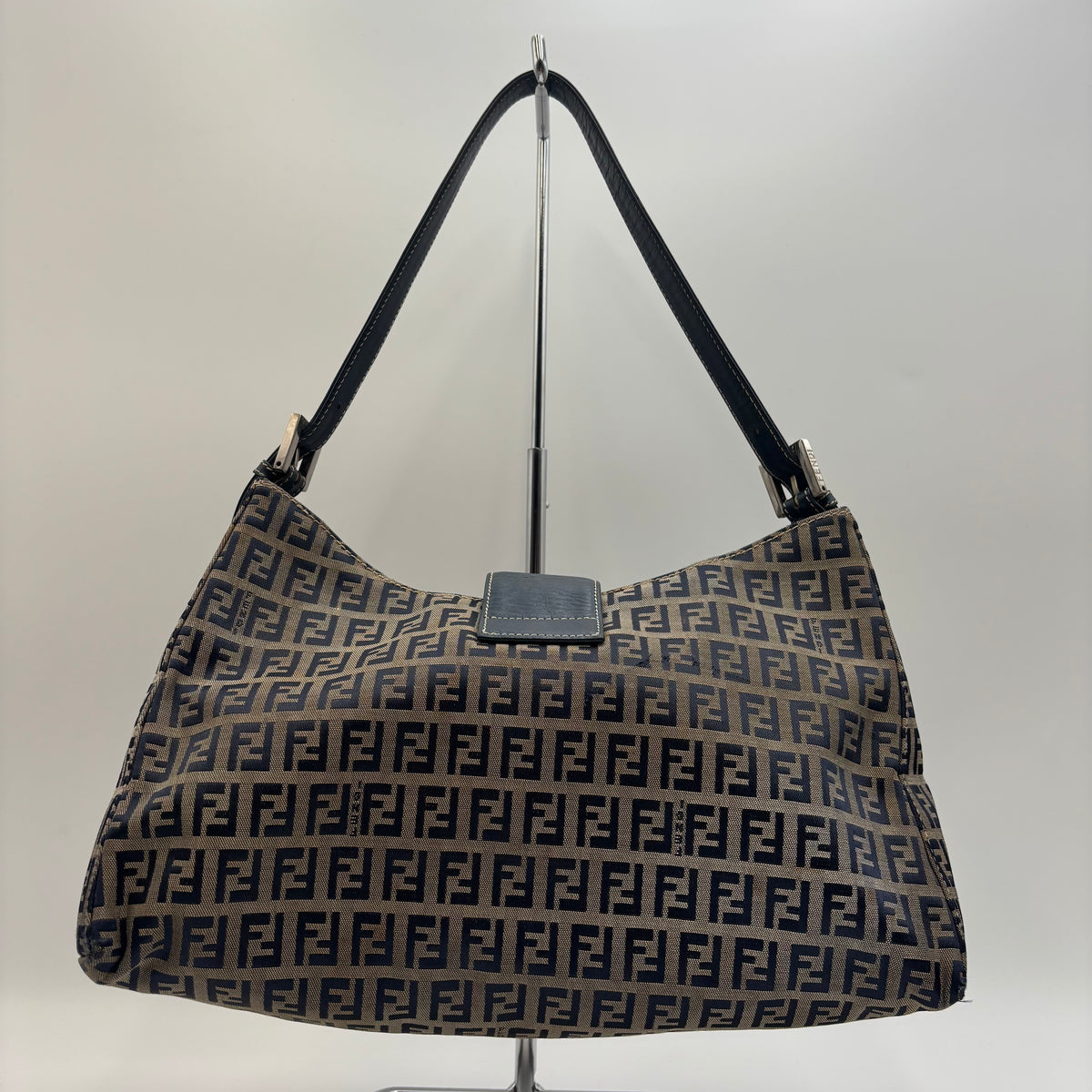 Fendi Zucca FF Monogram Canvas Shoulder Bag in Navy Blue 2000s