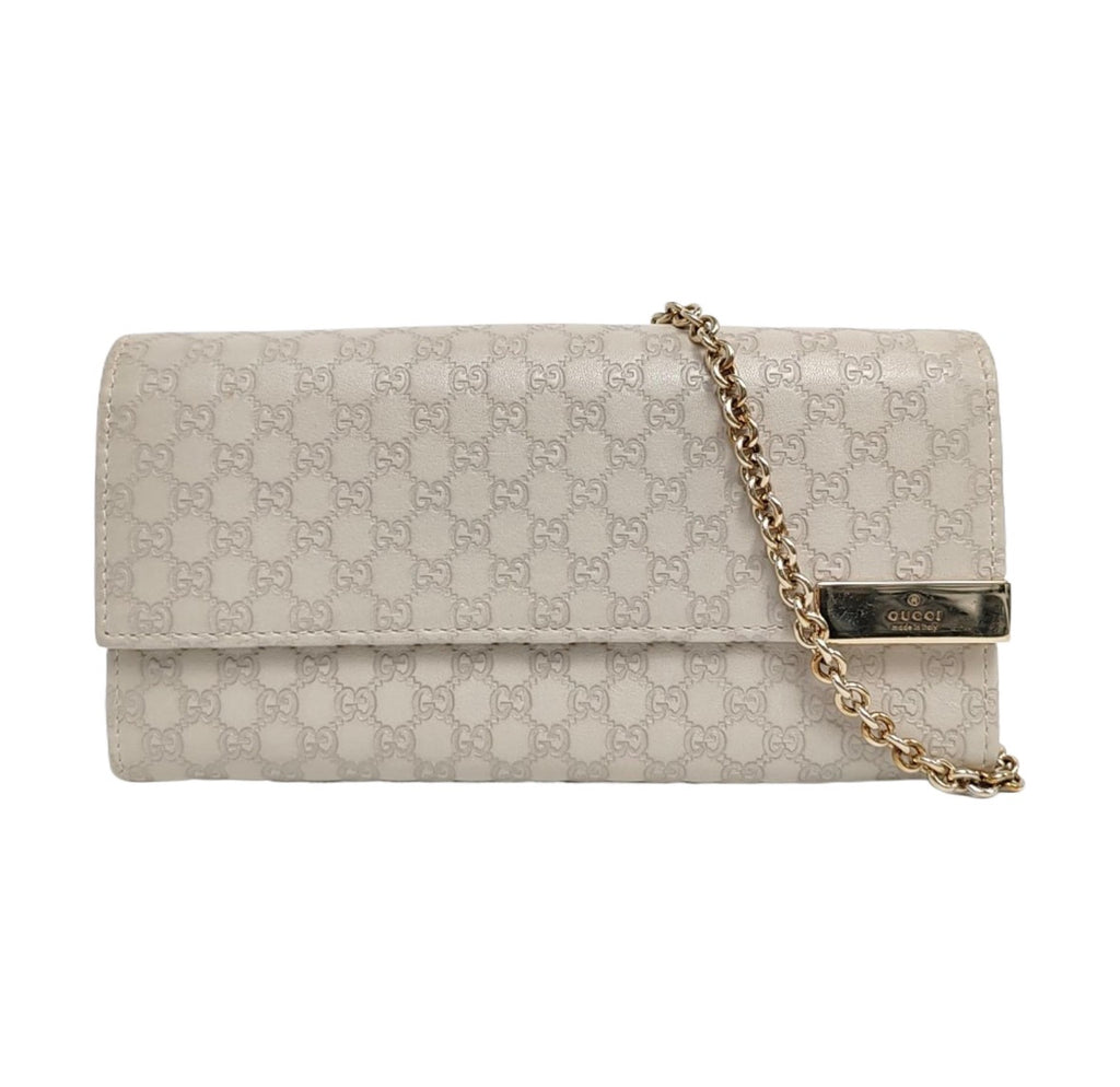 Gucci Micro GG Guccissima Leather Chain Wallet Clutch Beige