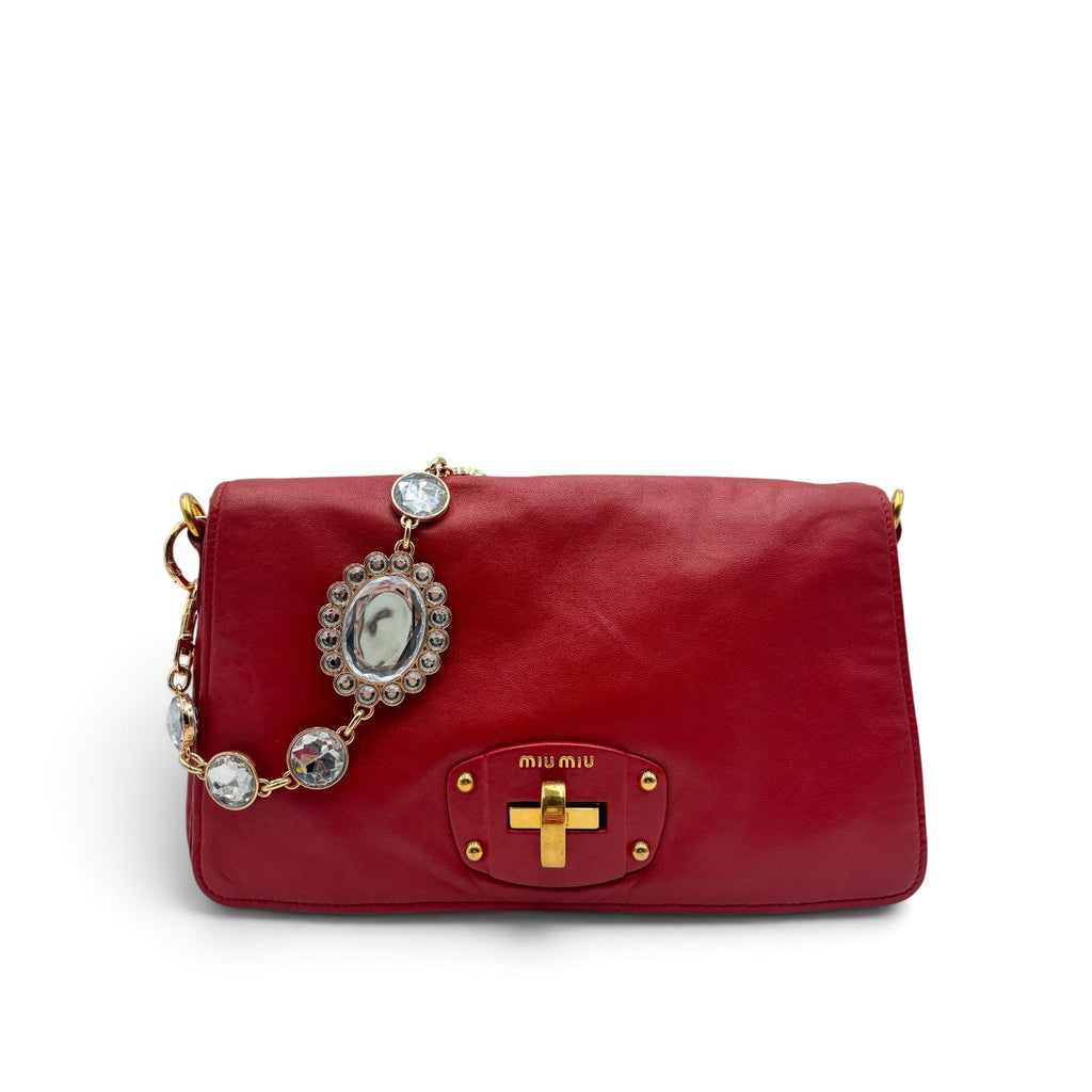 Miu Miu Vitello Lux Red Leather Crystal Chain Clutch Shoulder Bag