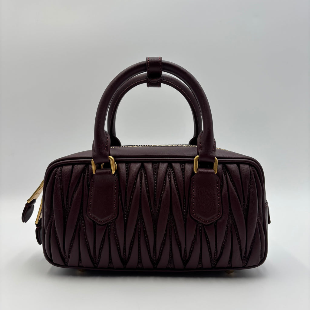 Miu Miu Arcadie Burgundy Matelassé Leather Top Handle Boston Bag With Strap