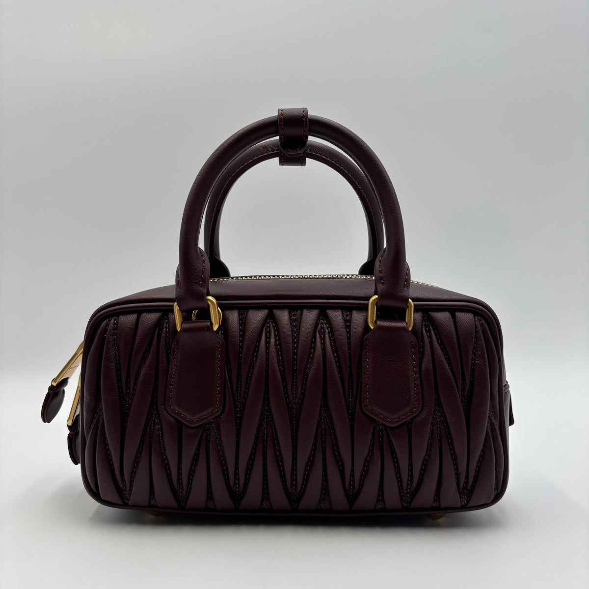 Miu Miu Arcadie Burgundy Matelassé Leather Top Handle Boston Bag With Strap