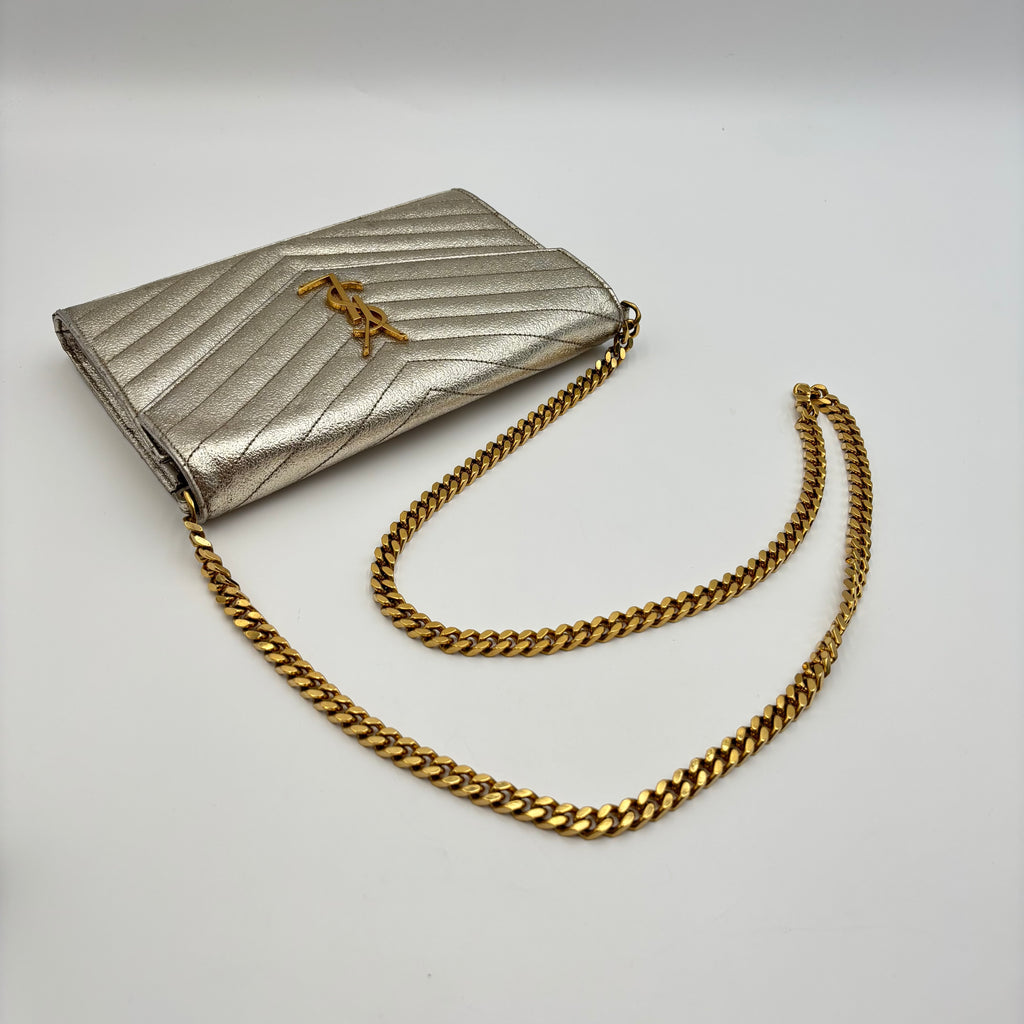 Saint Laurent Metallic Gold Matelassé Chevron Monogram Chain Wallet