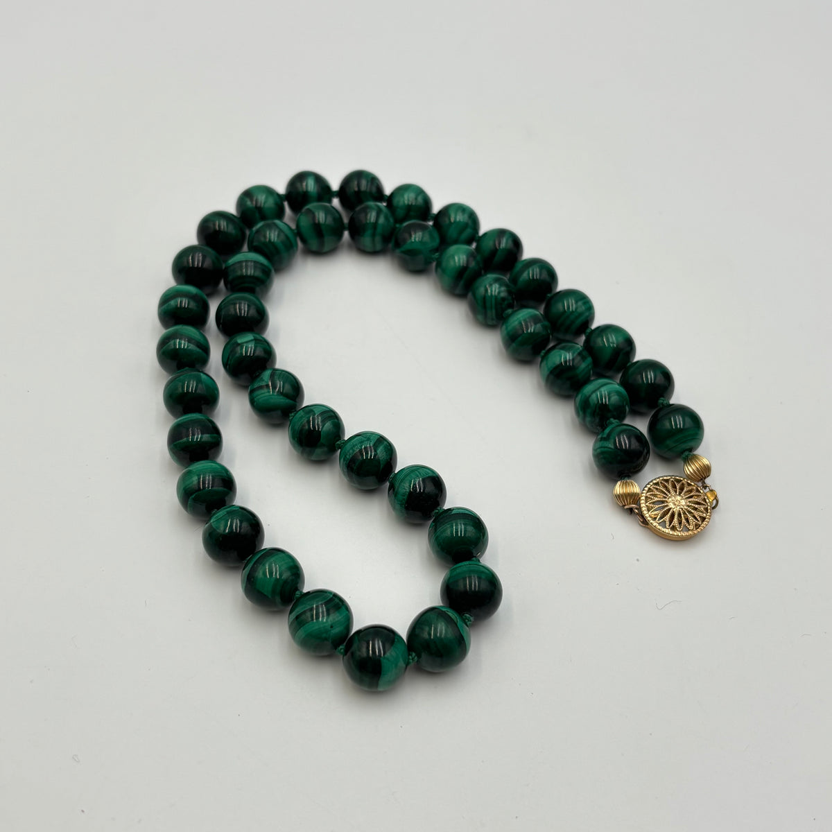 Vintage Natural Malachite Beaded Necklace with 14K Gold-Filled Filigree Clasp