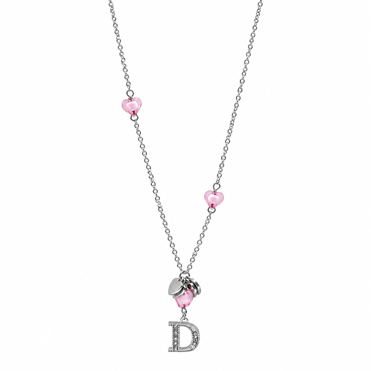 Christian Dior Pink Heart Crystal D Charm Necklace in Silver Tone 2000s