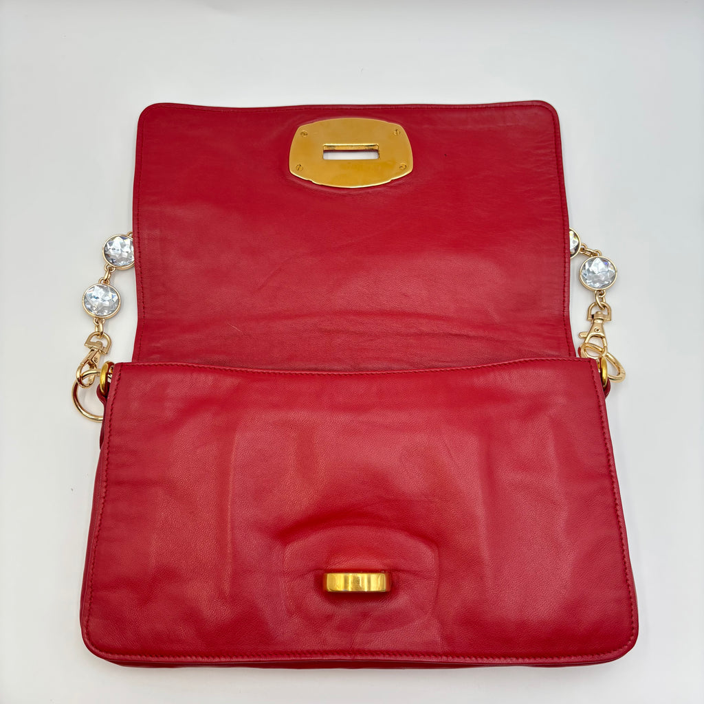 Miu Miu Vitello Lux Red Leather Crystal Chain Clutch Shoulder Bag