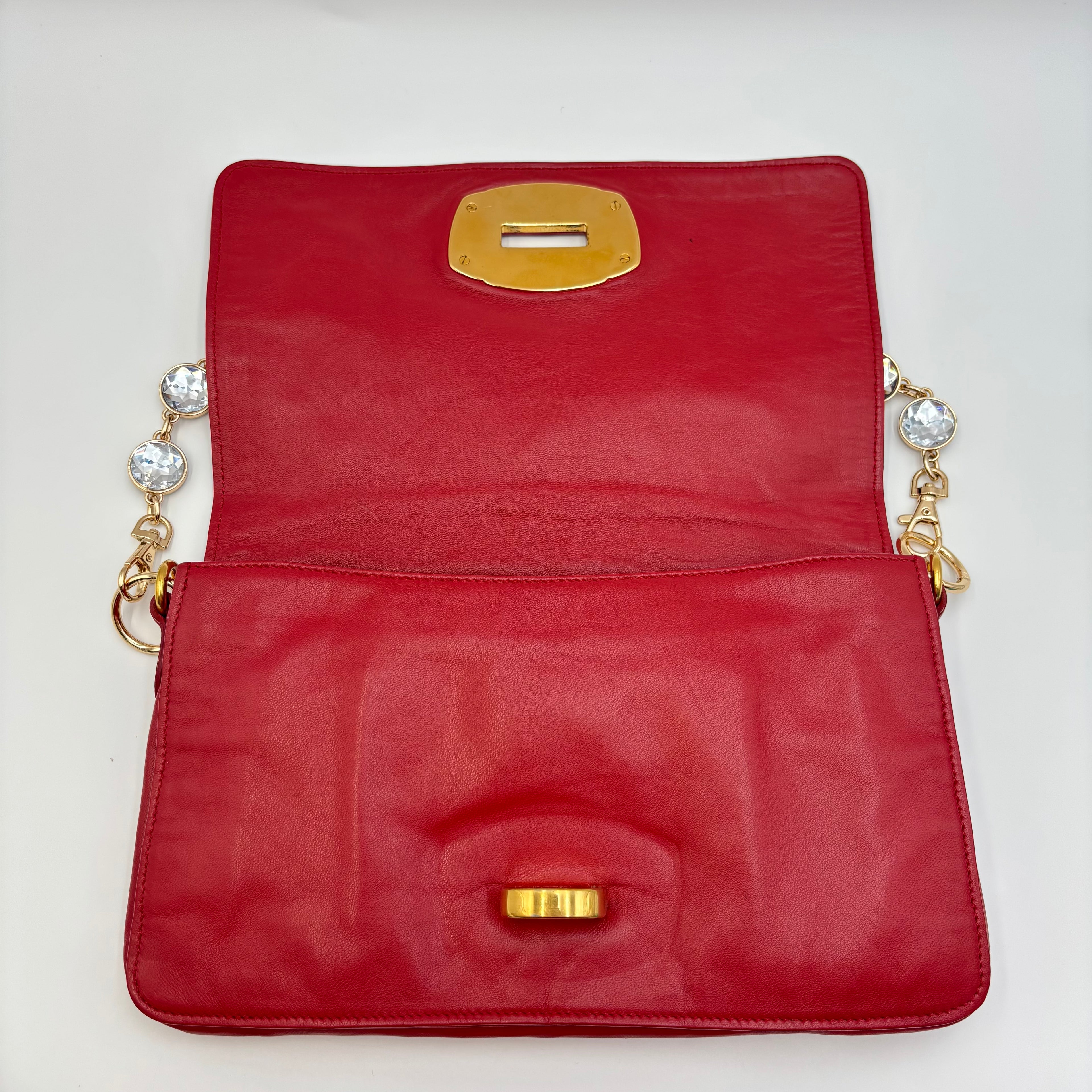 Miu Miu Vitello Lux Red Leather Crystal Chain Clutch Shoulder Bag