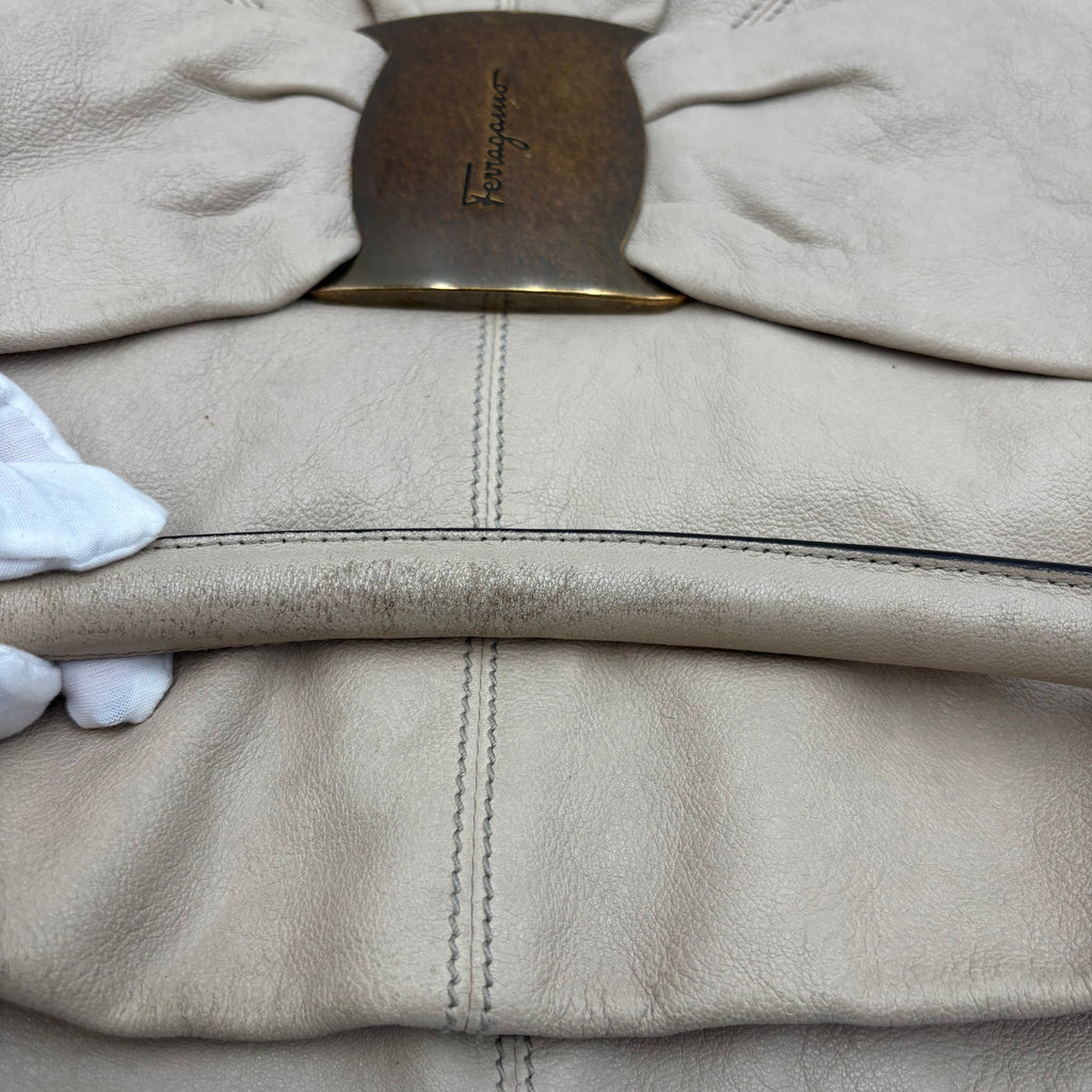 Salvatore Ferragamo Vara Ribbon Oversized Beige Leather Hobo Bag