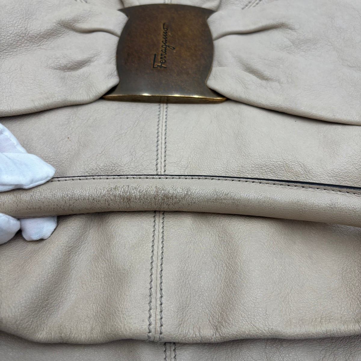 Salvatore Ferragamo Vara Ribbon Oversized Beige Leather Hobo Bag