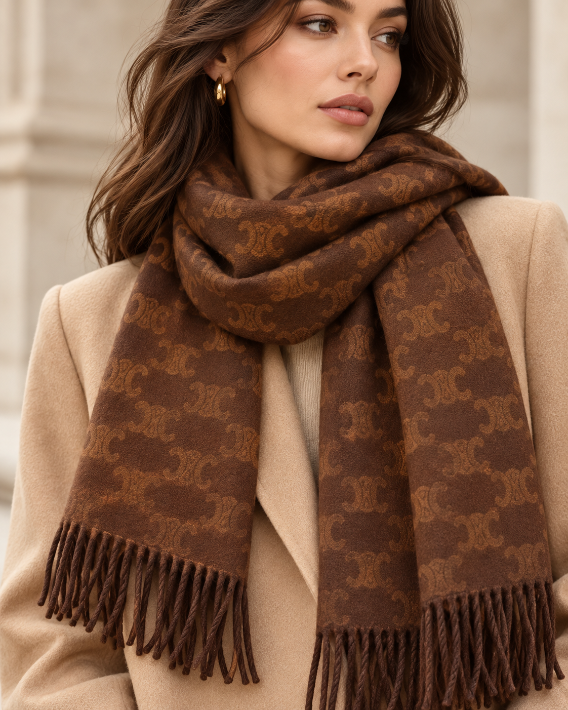 Celine Triomphe Monogram Cashmere Scarf – Brown / Toffee