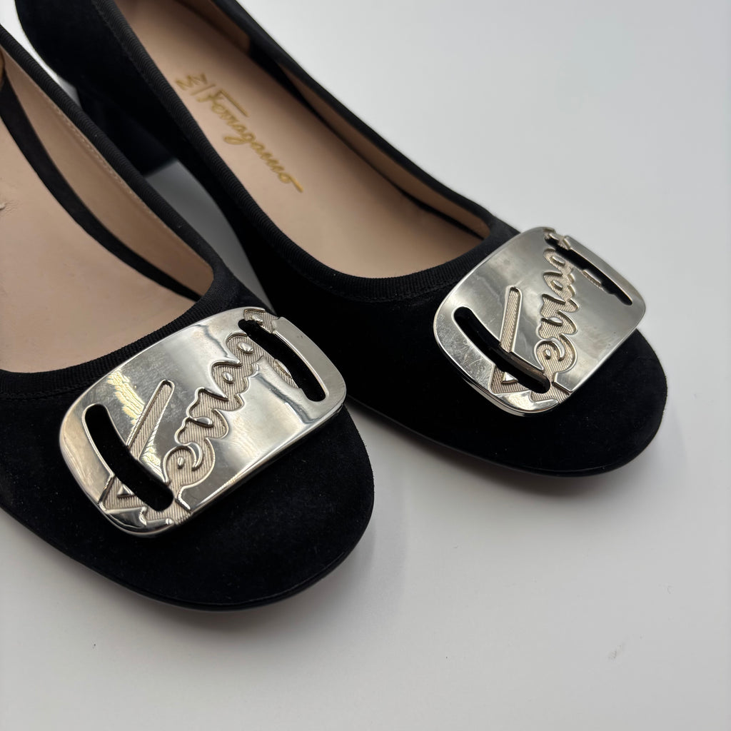 Salvatore Ferragamo My Ferragamo Black Suede Block Heel Pumps